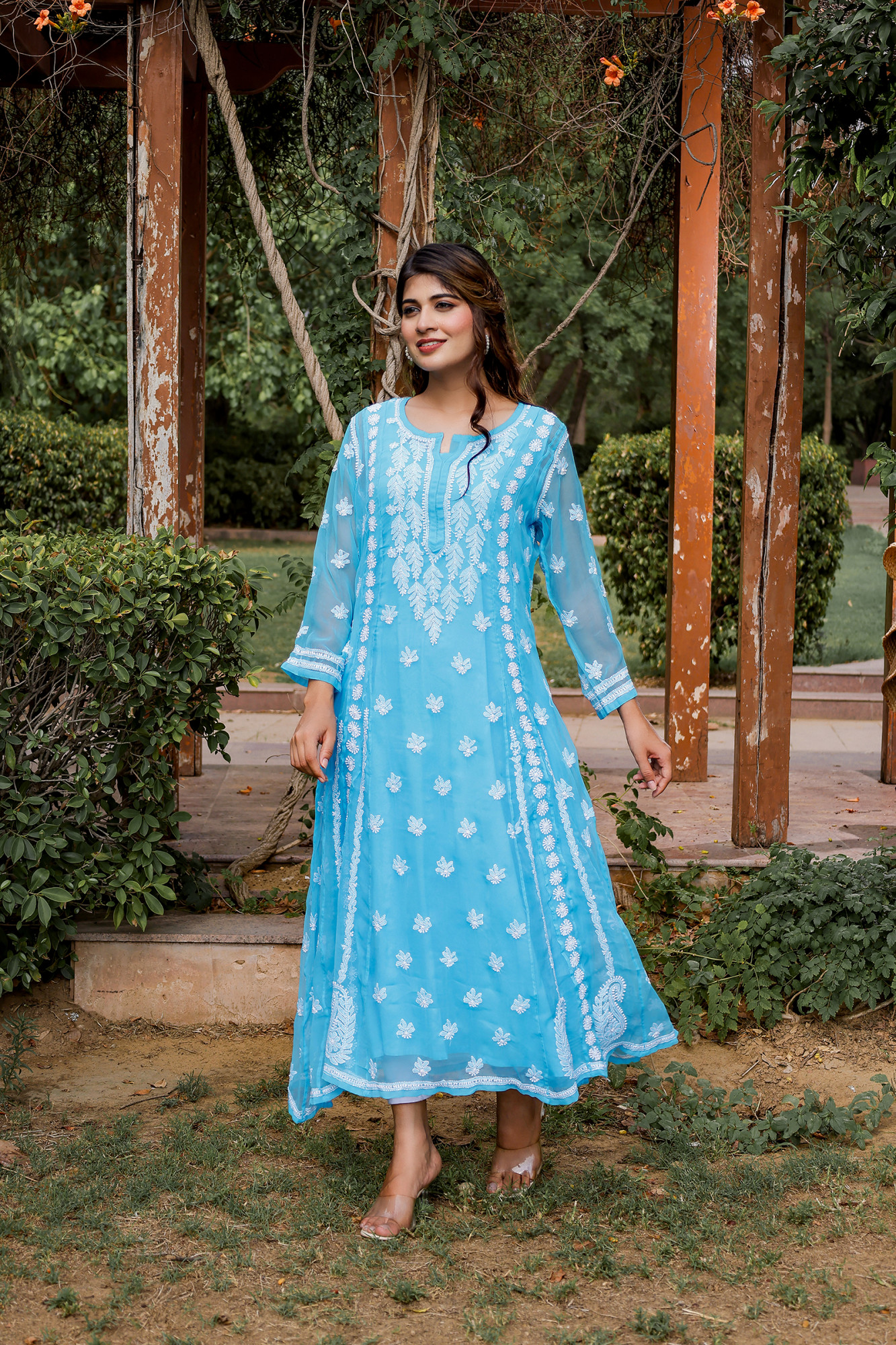 Firozi blue georgette A line Kurta with Front back full hand work