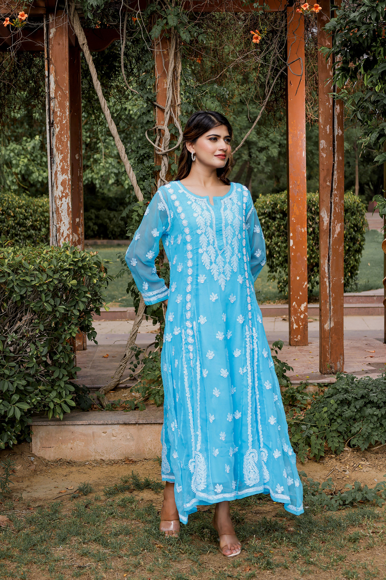 Firozi blue georgette A line Kurta with Front back full hand work