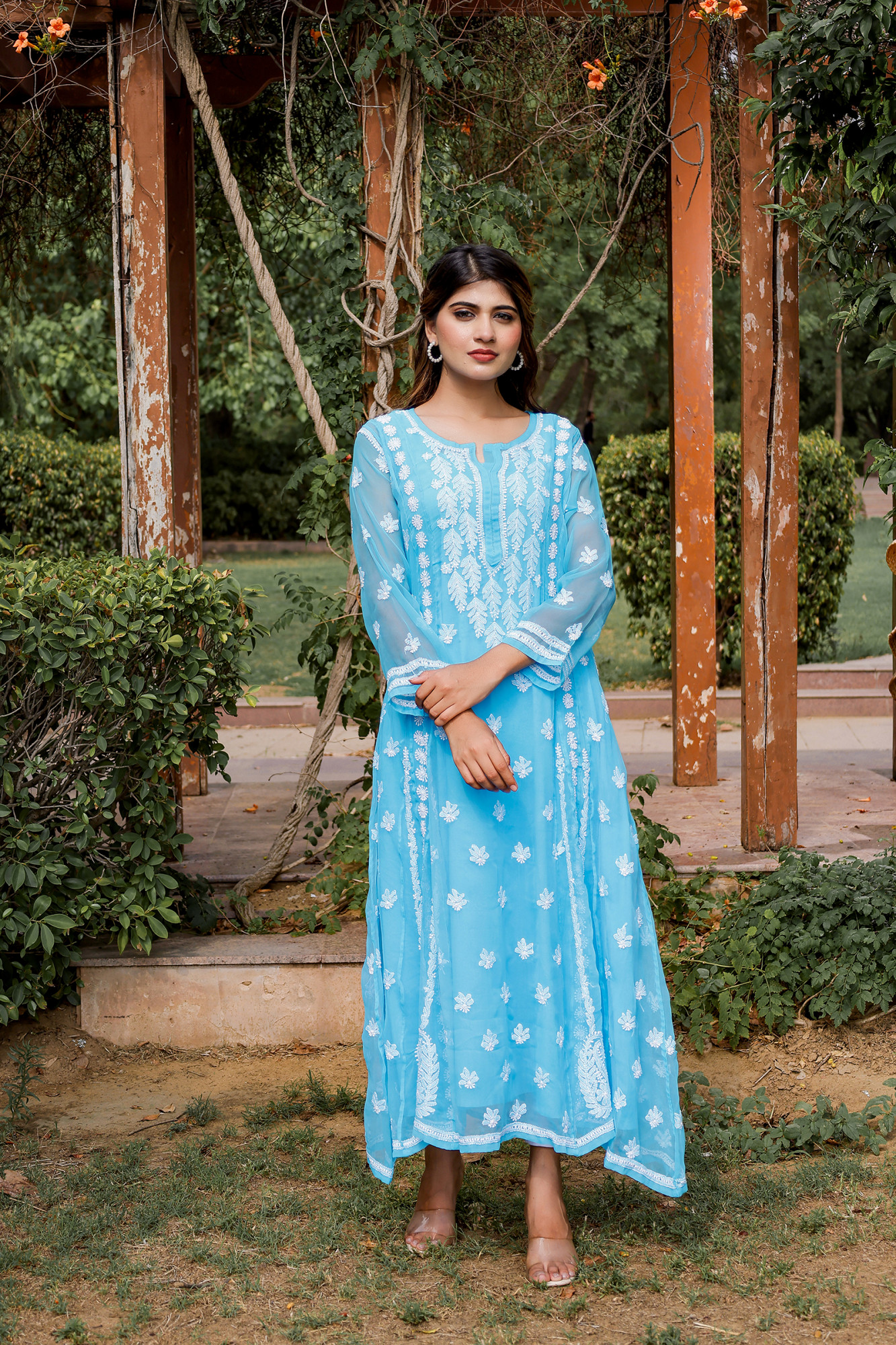 Firozi blue georgette A line Kurta with Front back full hand work