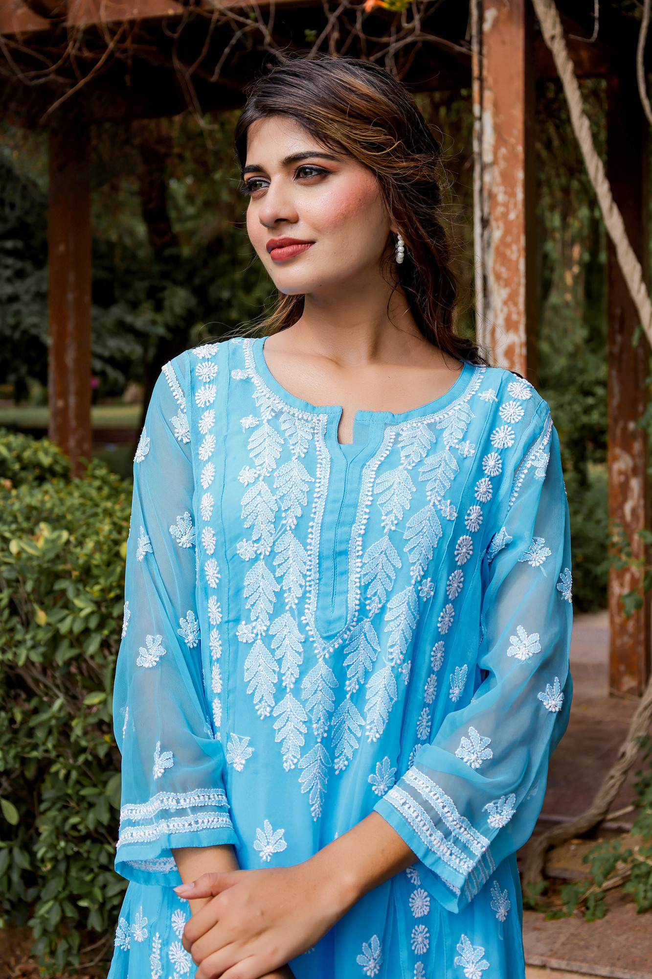 Firozi blue georgette A line Kurta with Front back full hand work