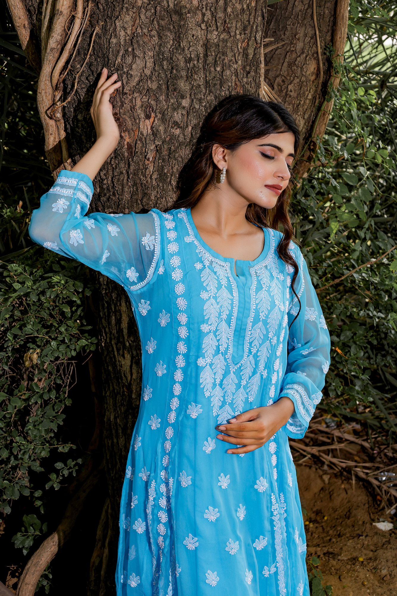 Firozi blue georgette A line Kurta with Front back full hand work