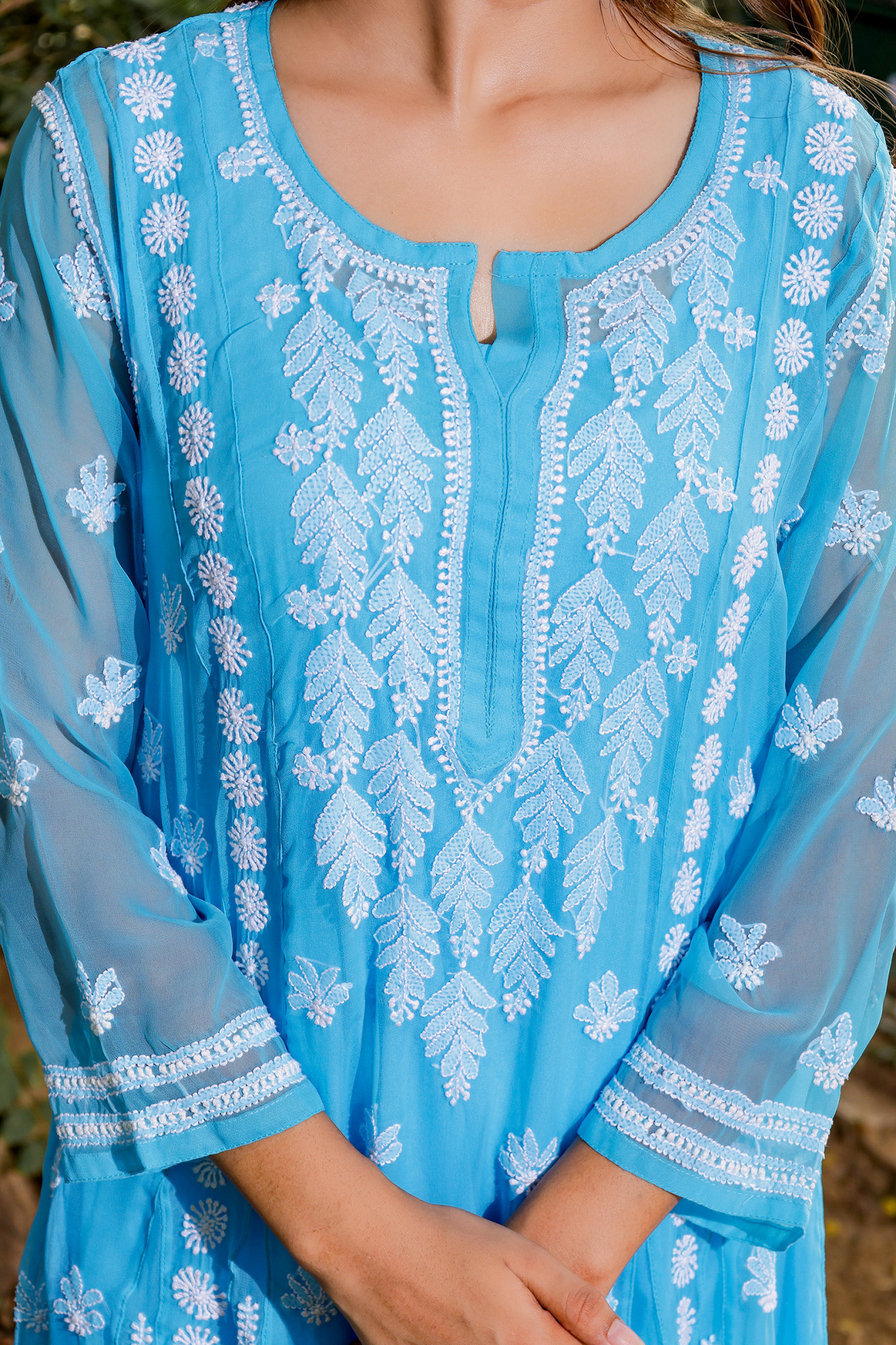 Firozi blue georgette A line Kurta with Front back full hand work