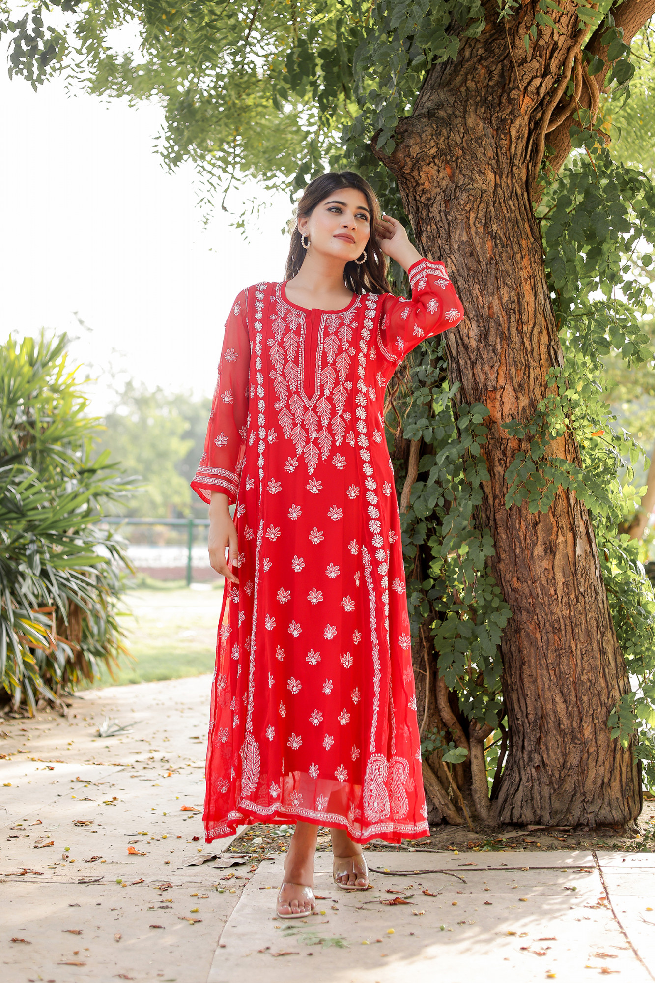 Red Georgette A line kurti with Front back full Handwork