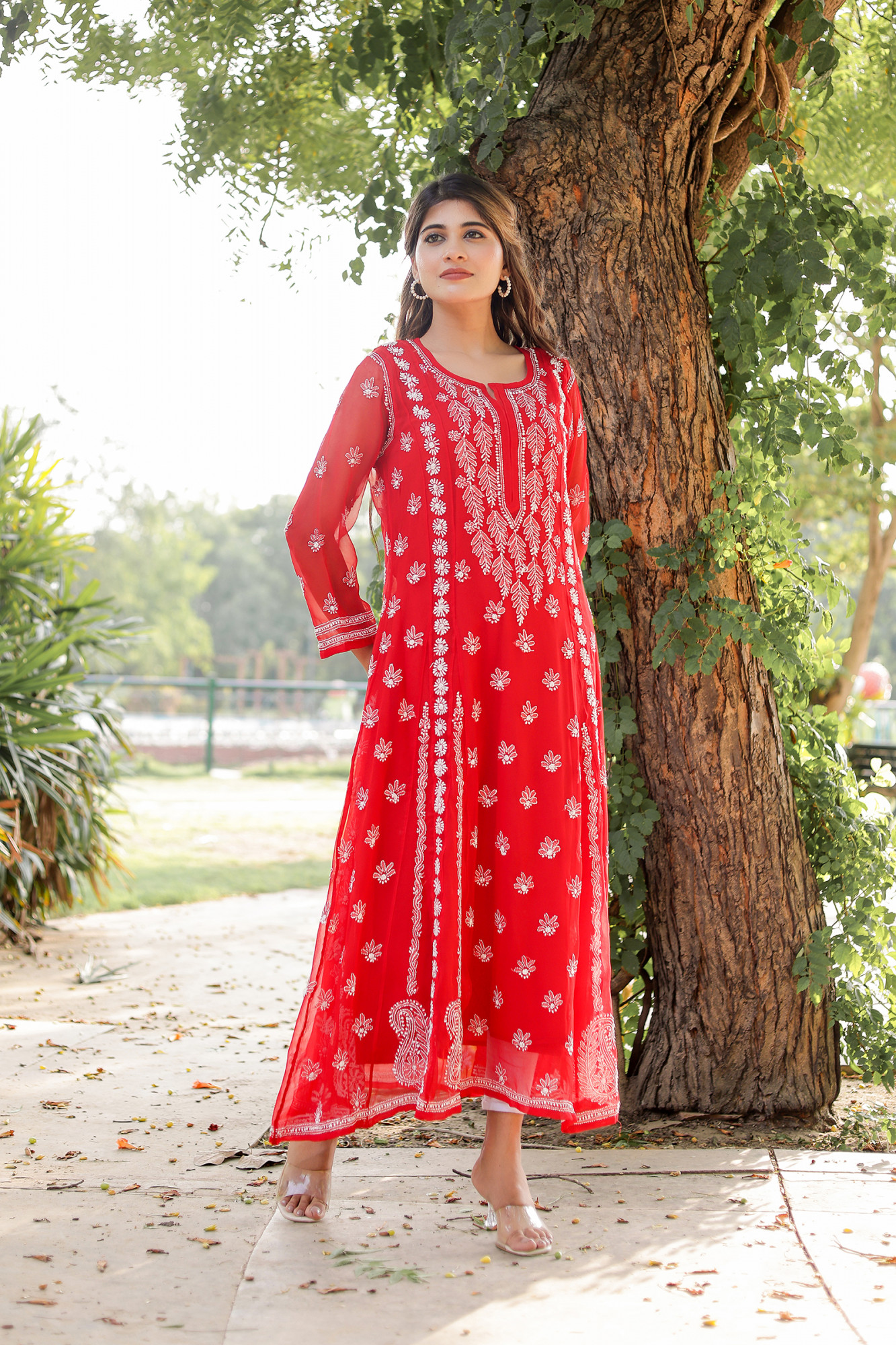 Red Georgette A line kurti with Front back full Handwork