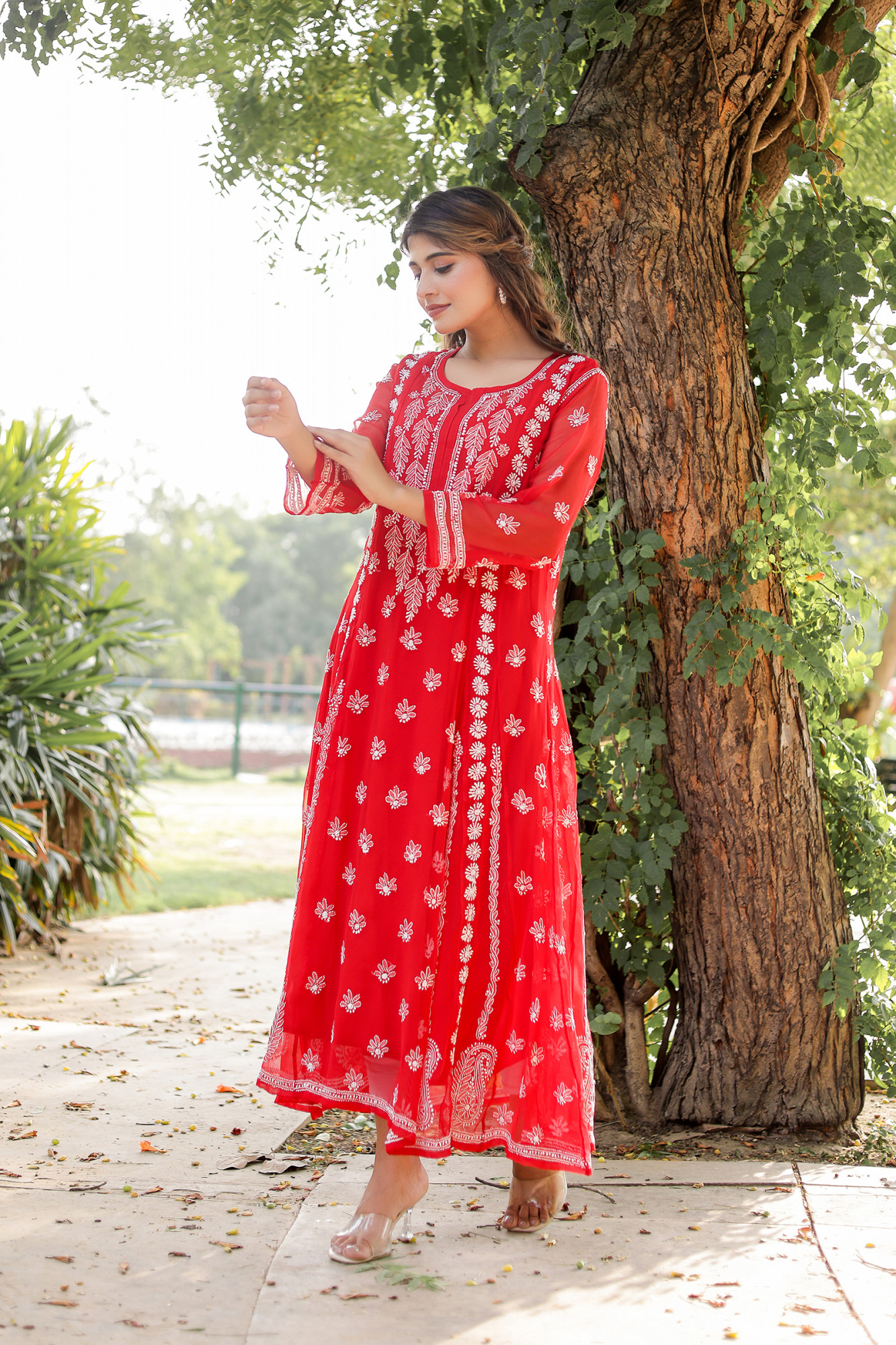 Red Georgette A line kurti with Front back full Handwork