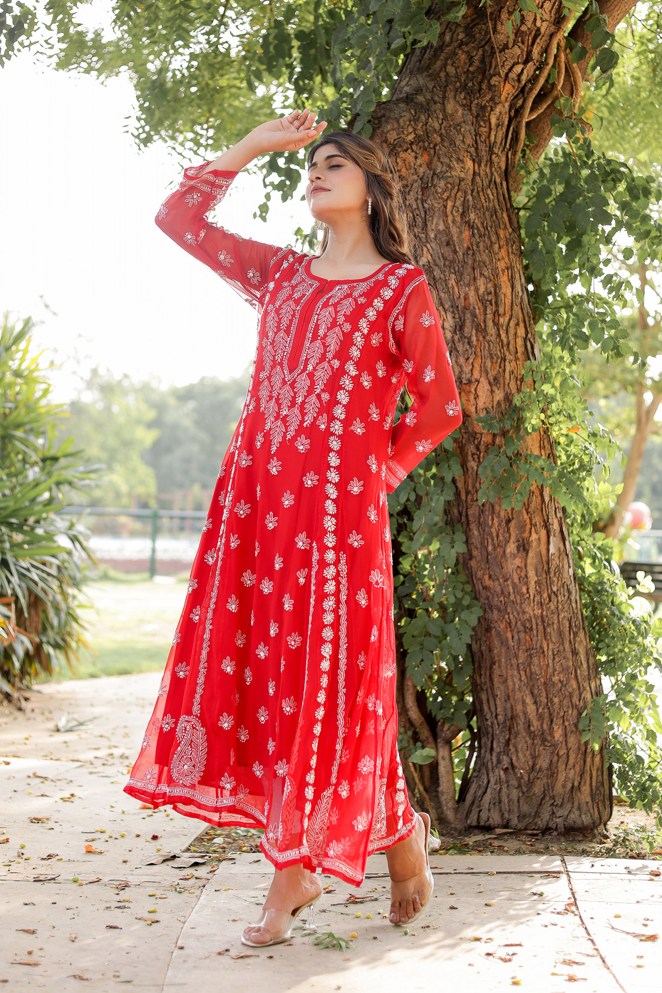 Red Georgette A line kurti with Front back full Handwork