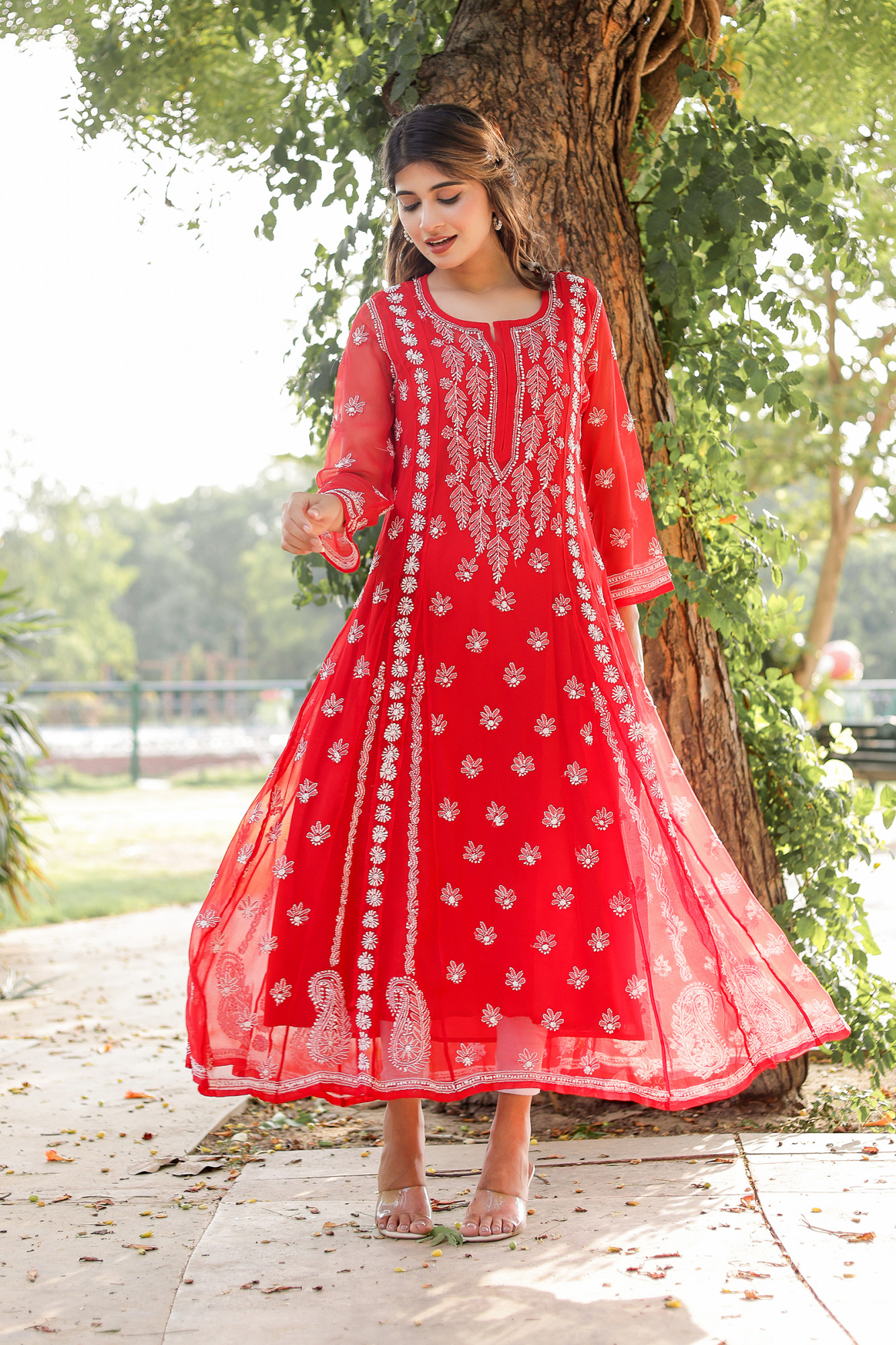 Red Georgette A line kurti with Front back full Handwork