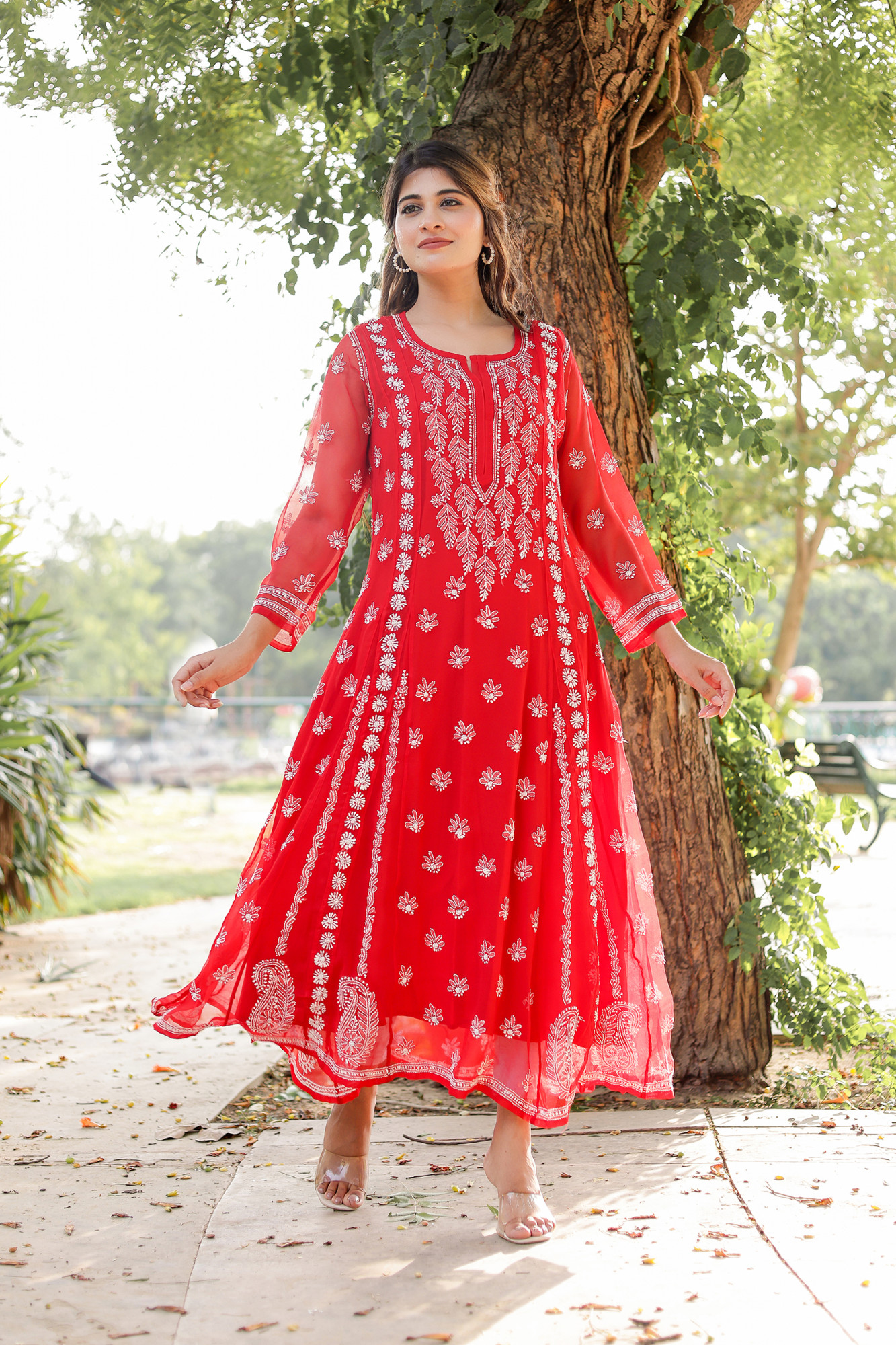 Red Georgette A line kurti with Front back full Handwork