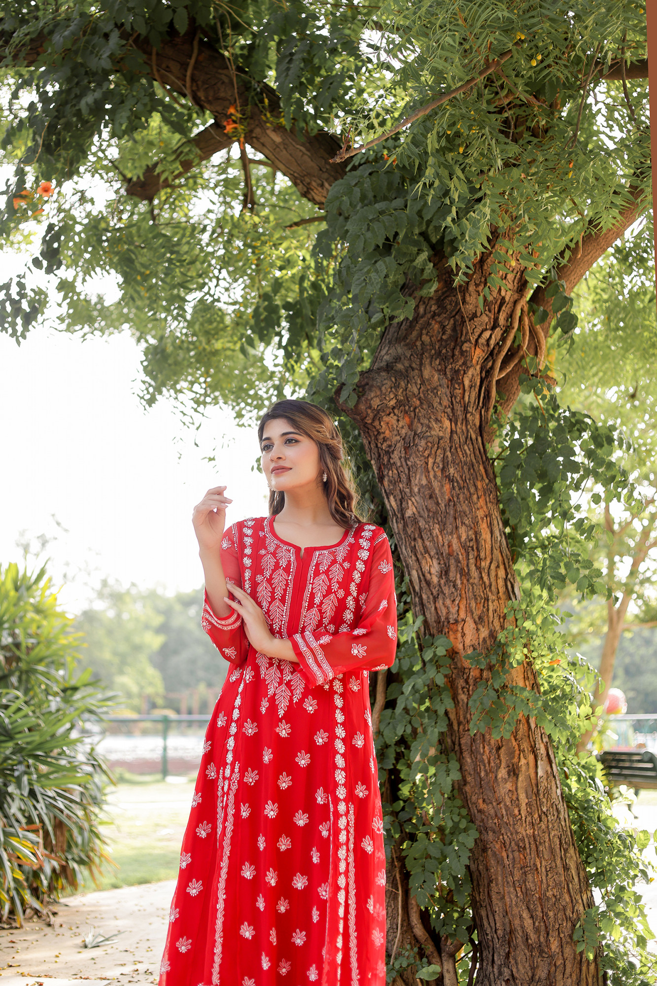 Red Georgette A line kurti with Front back full Handwork