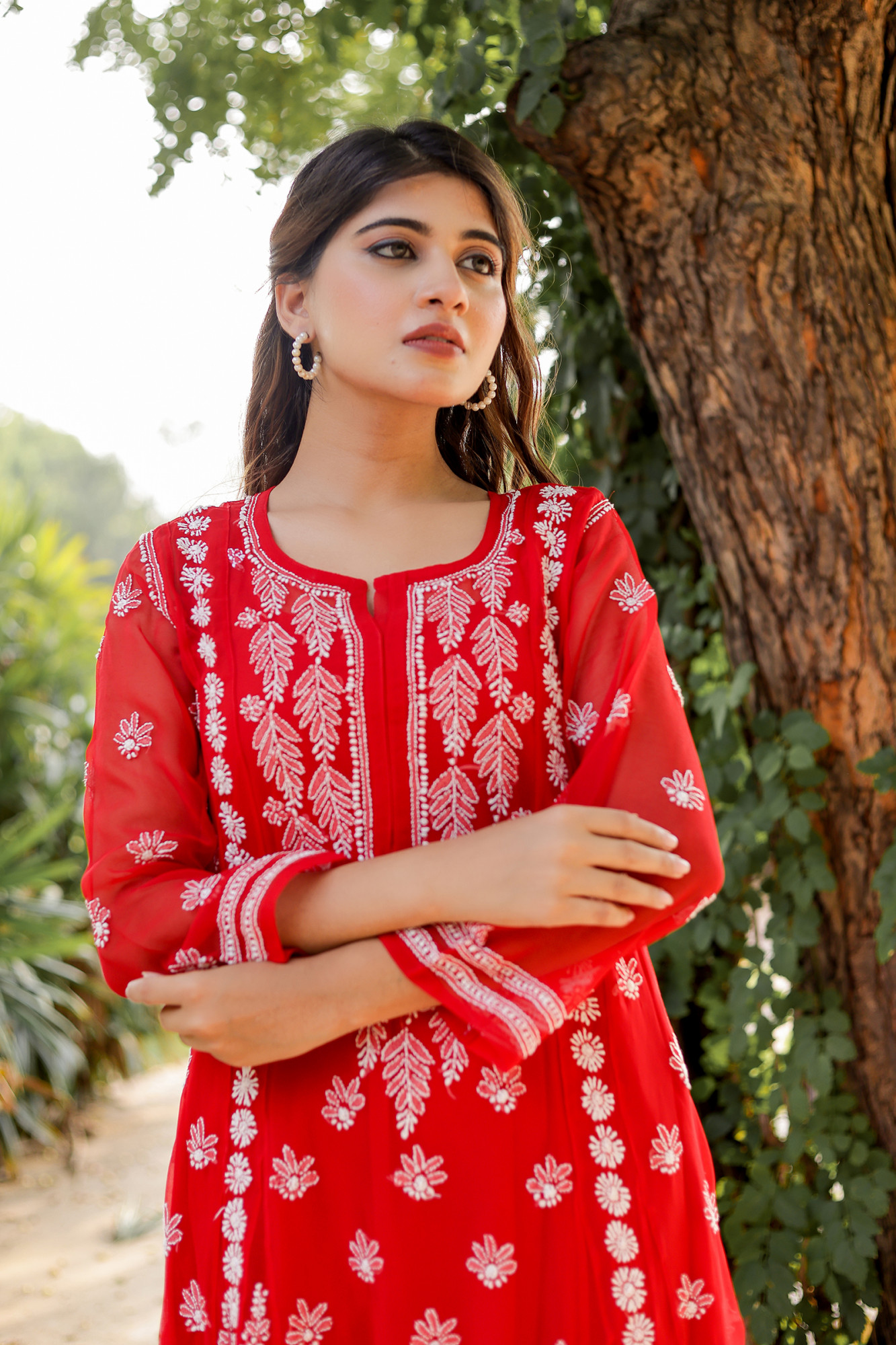 Red Georgette A line kurti with Front back full Handwork