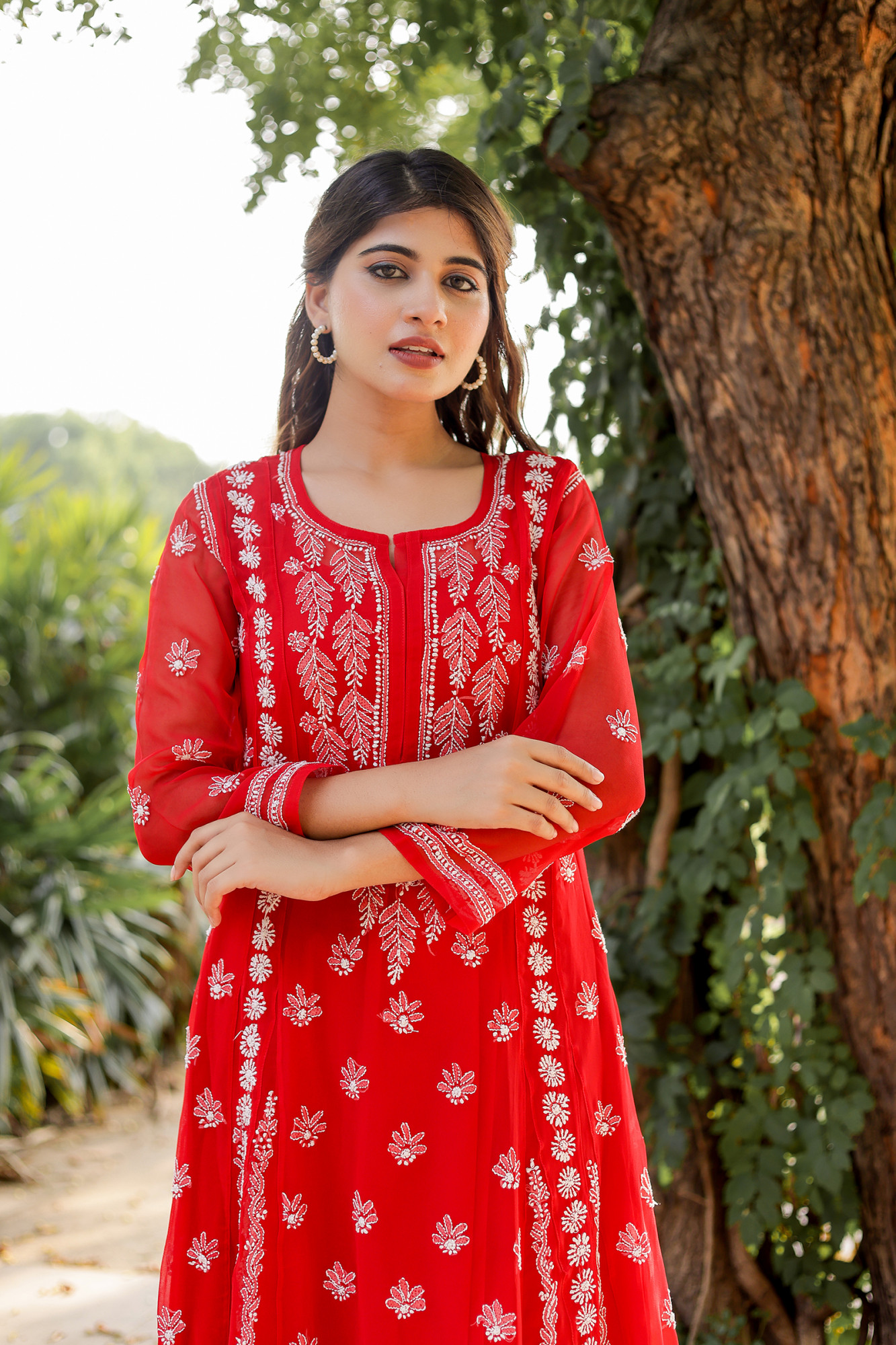 Red Georgette A line kurti with Front back full Handwork