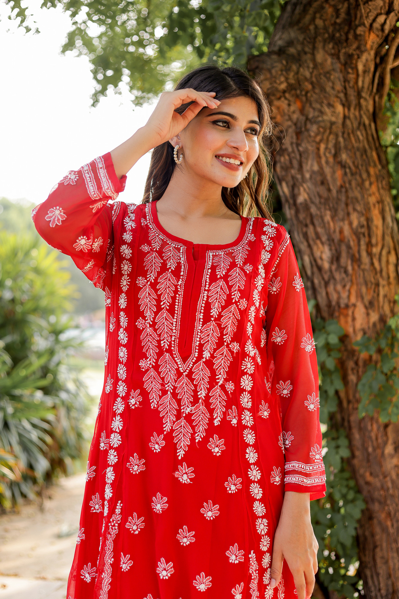 Red Georgette A line kurti with Front back full Handwork