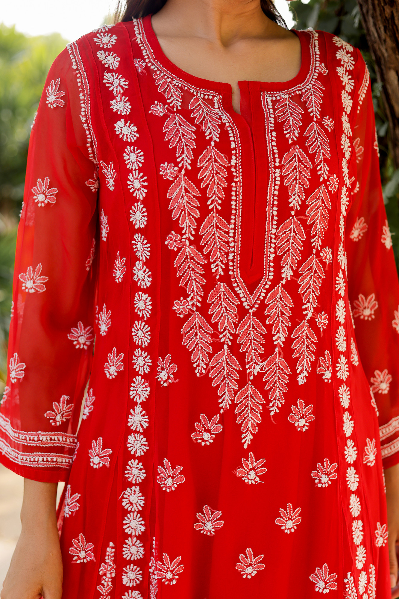 Red Georgette A line kurti with Front back full Handwork