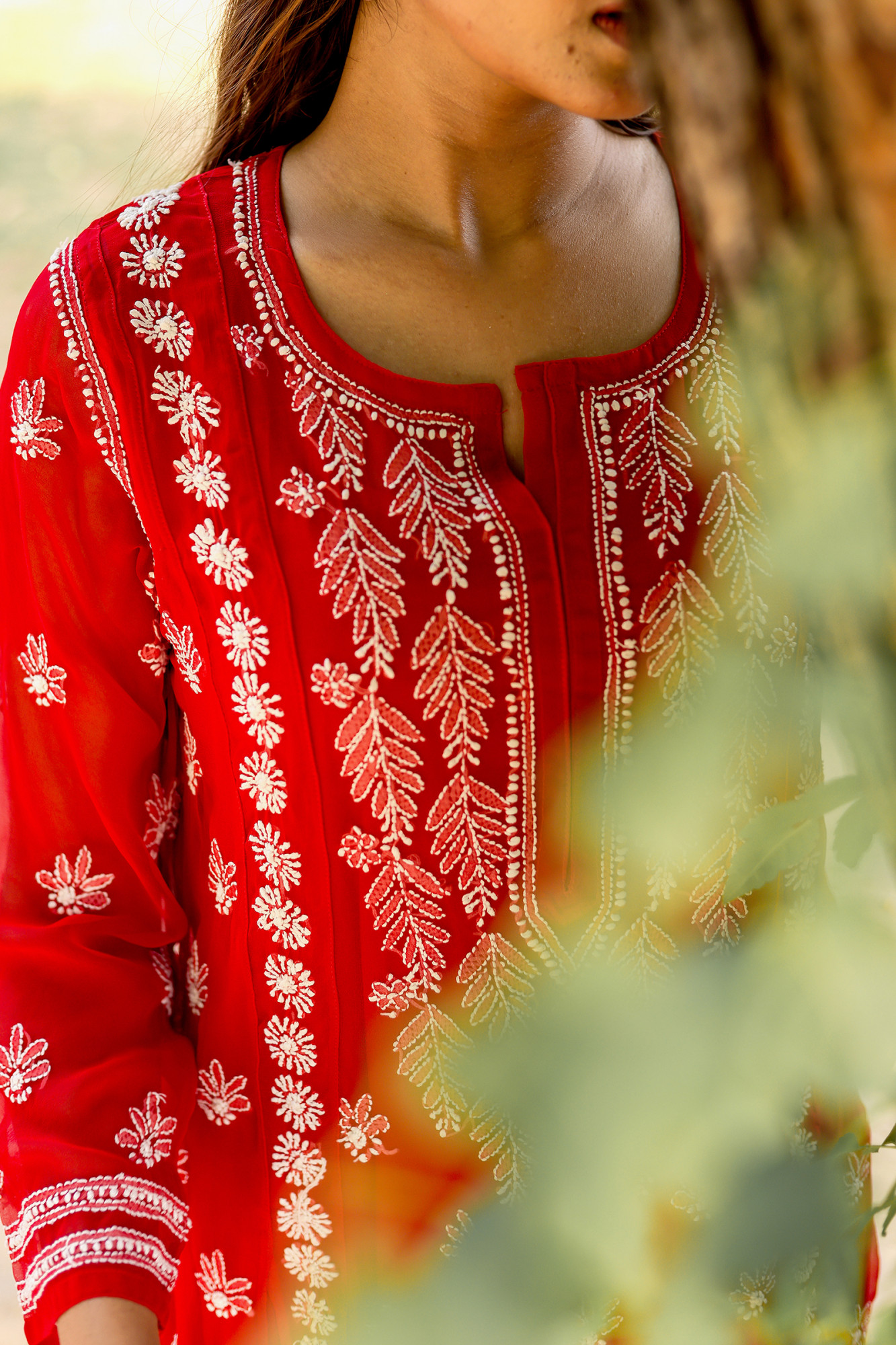 Red Georgette A line kurti with Front back full Handwork