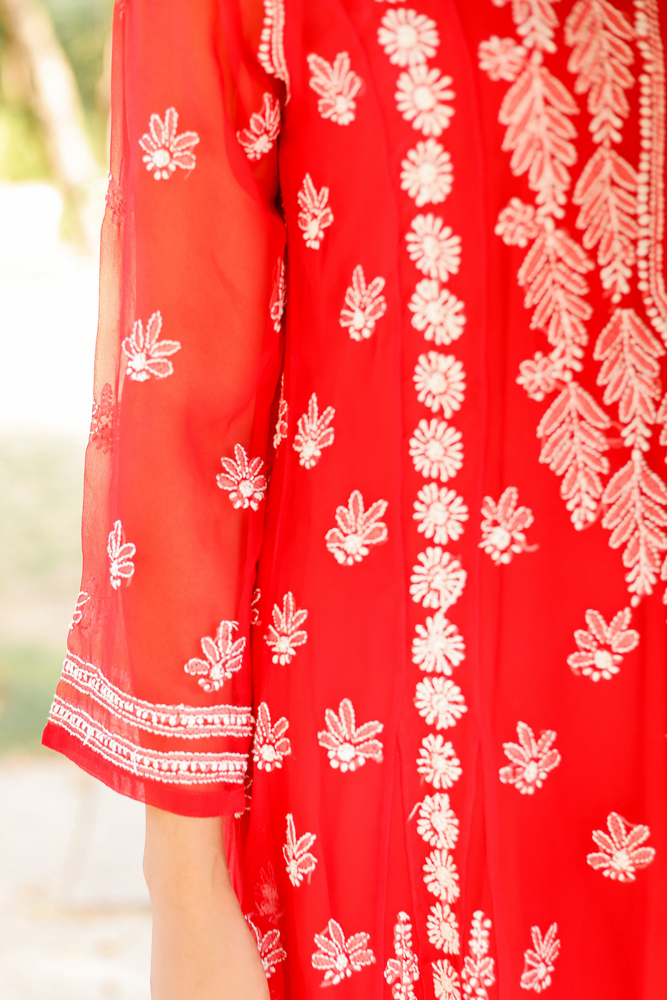 Red Georgette A line kurti with Front back full Handwork