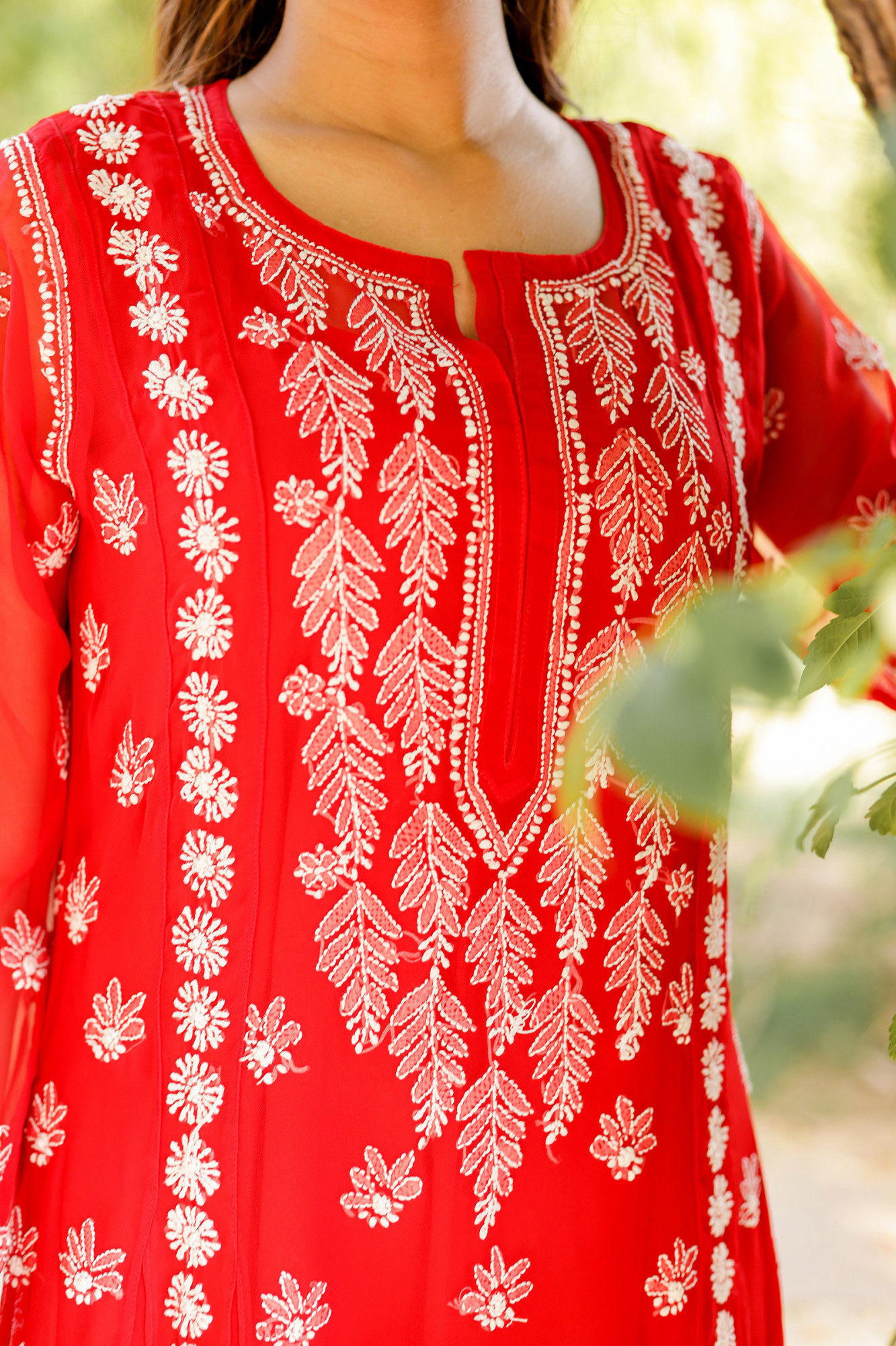 Red Georgette A line kurti with Front back full Handwork
