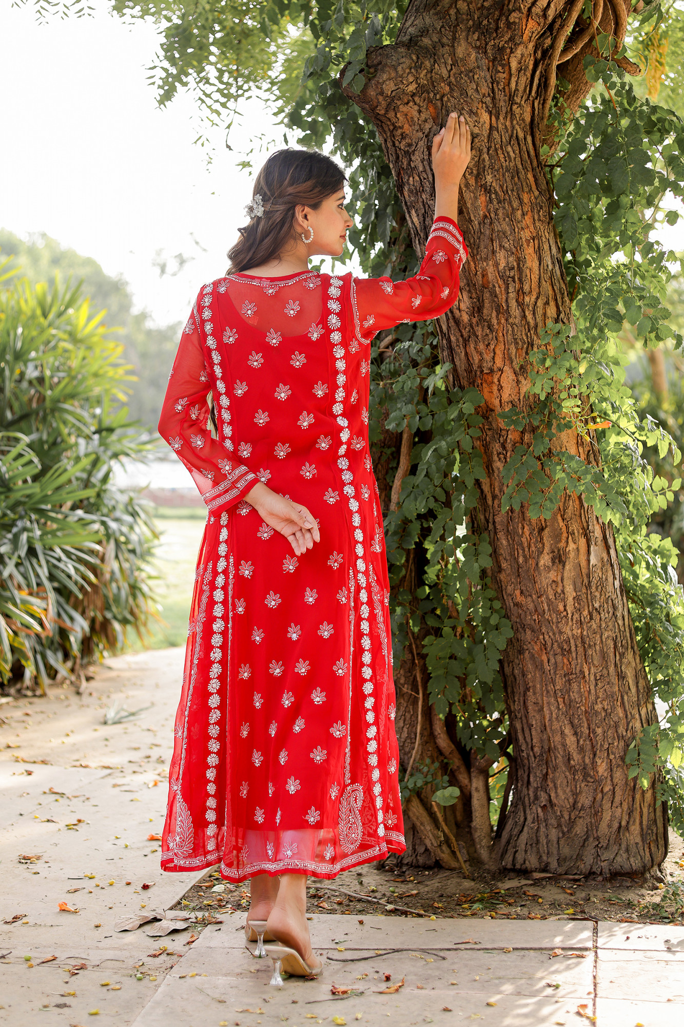 Red Georgette A line kurti with Front back full Handwork