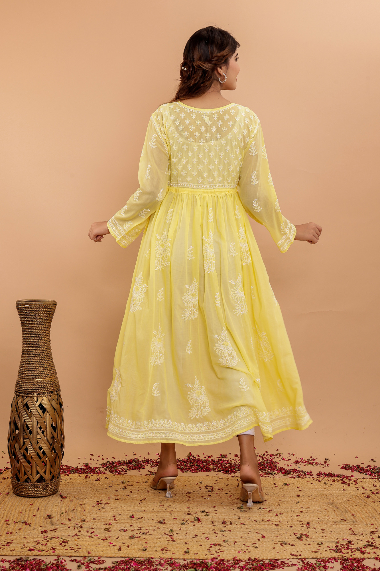 Yellow Cotton A line Full Embroidered KurtaGown