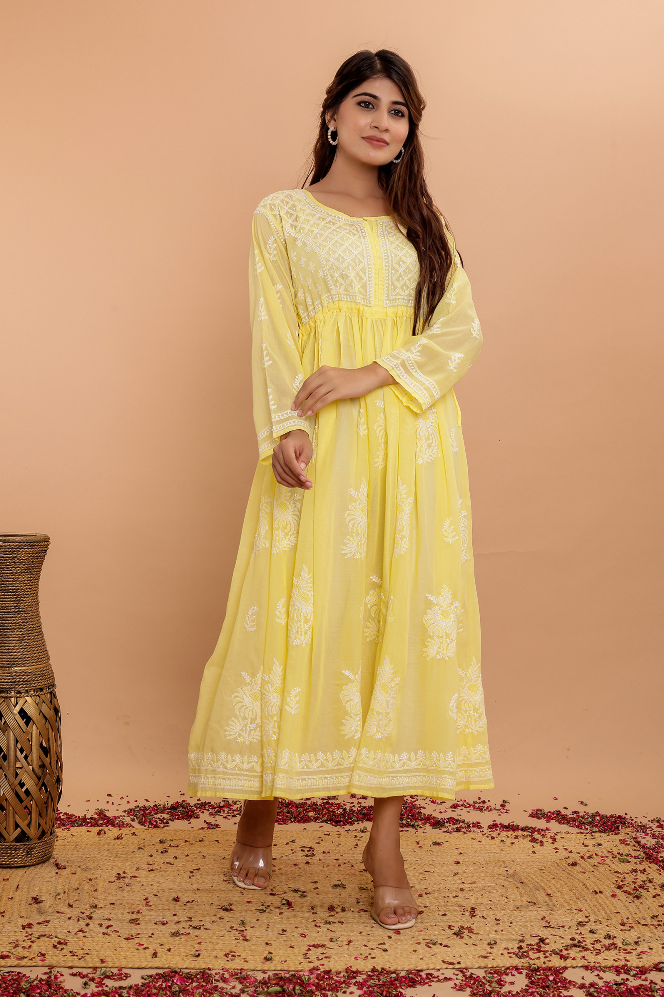 Yellow Cotton A line Full Embroidered KurtaGown