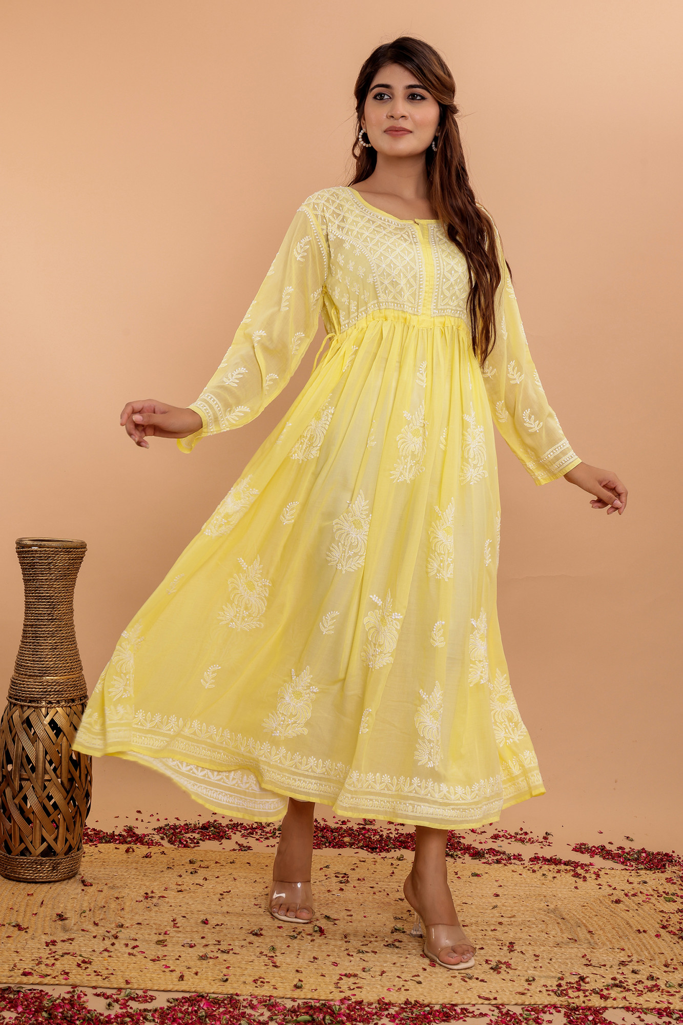 Yellow Cotton A line Full Embroidered KurtaGown