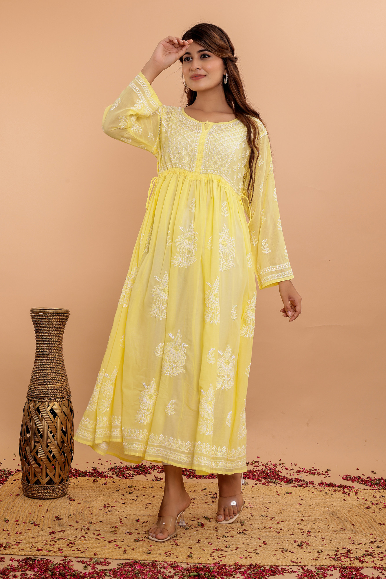 Yellow Cotton A line Full Embroidered KurtaGown