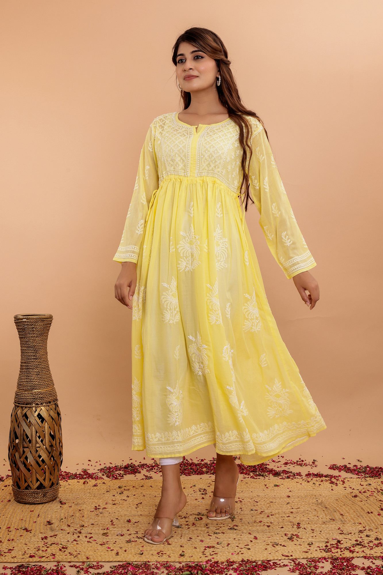 Yellow Cotton A line Full Embroidered KurtaGown
