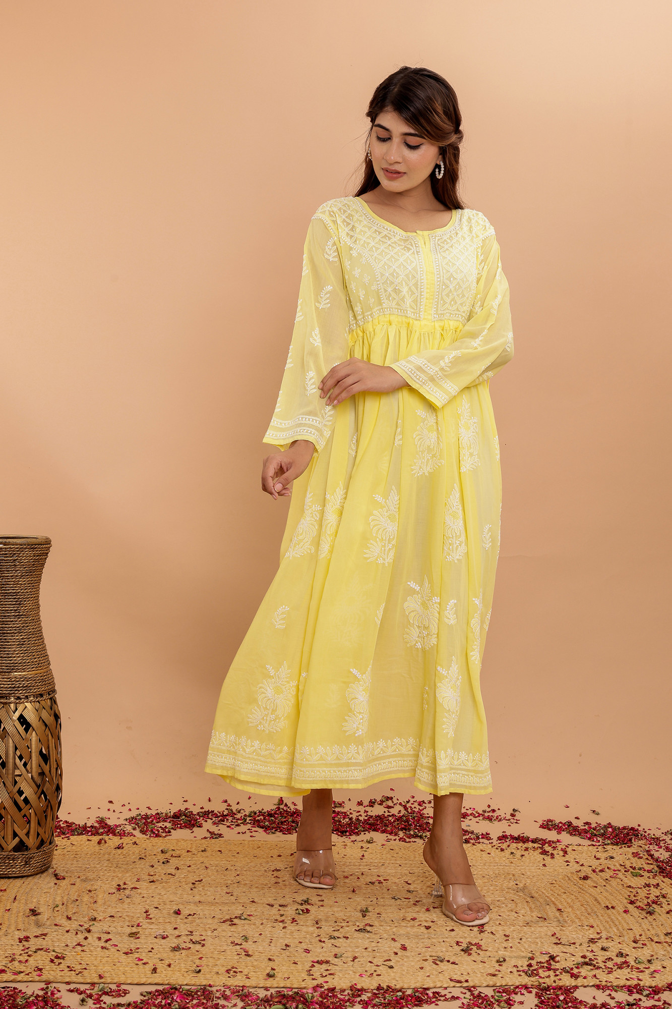 Yellow Cotton A line Full Embroidered KurtaGown