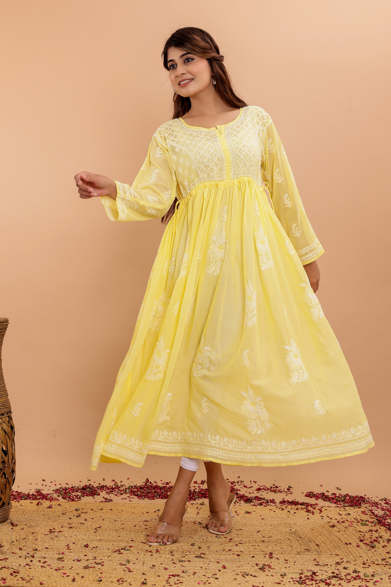 Yellow Cotton A line Full Embroidered KurtaGown