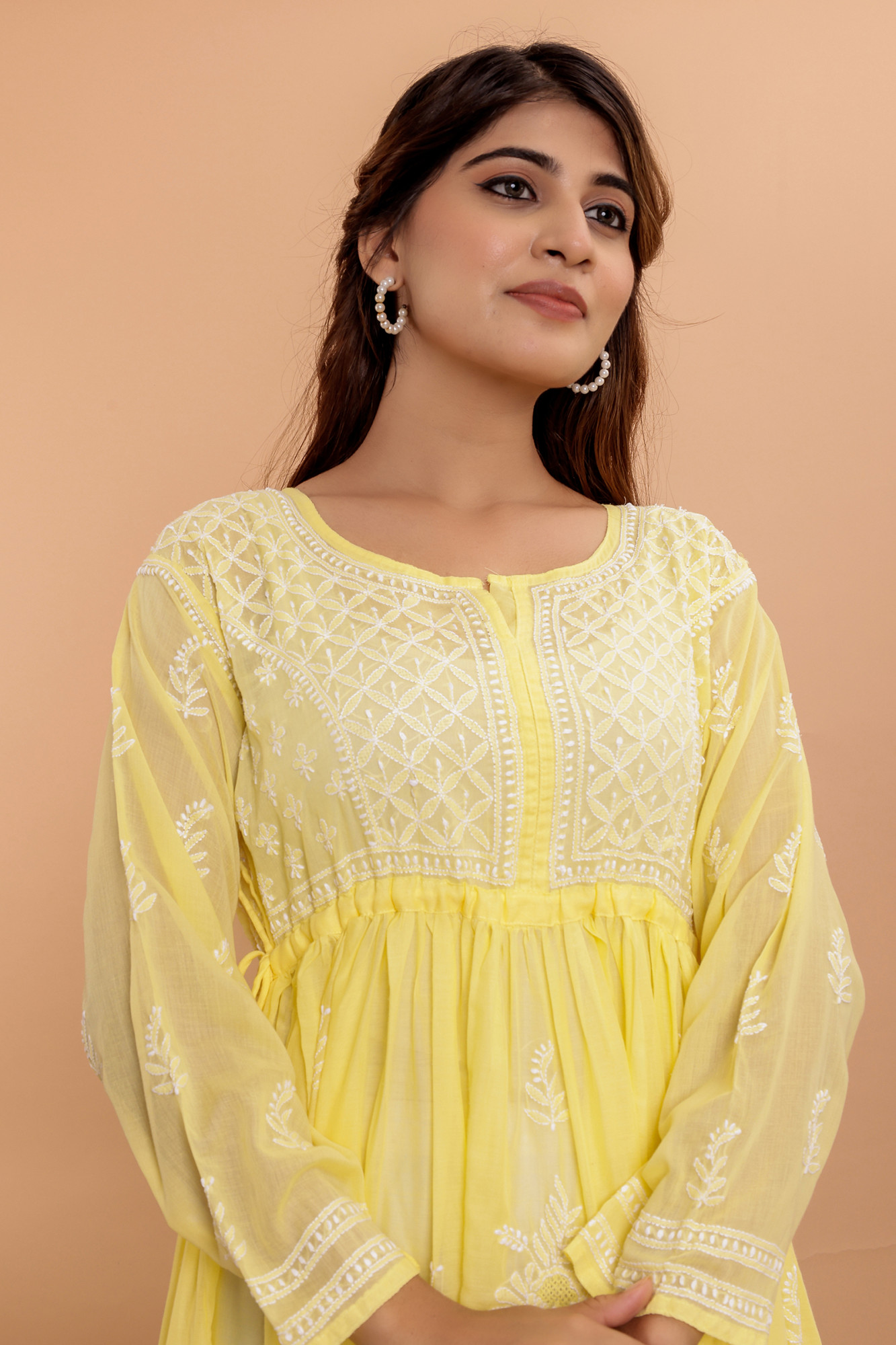 Yellow Cotton A line Full Embroidered KurtaGown