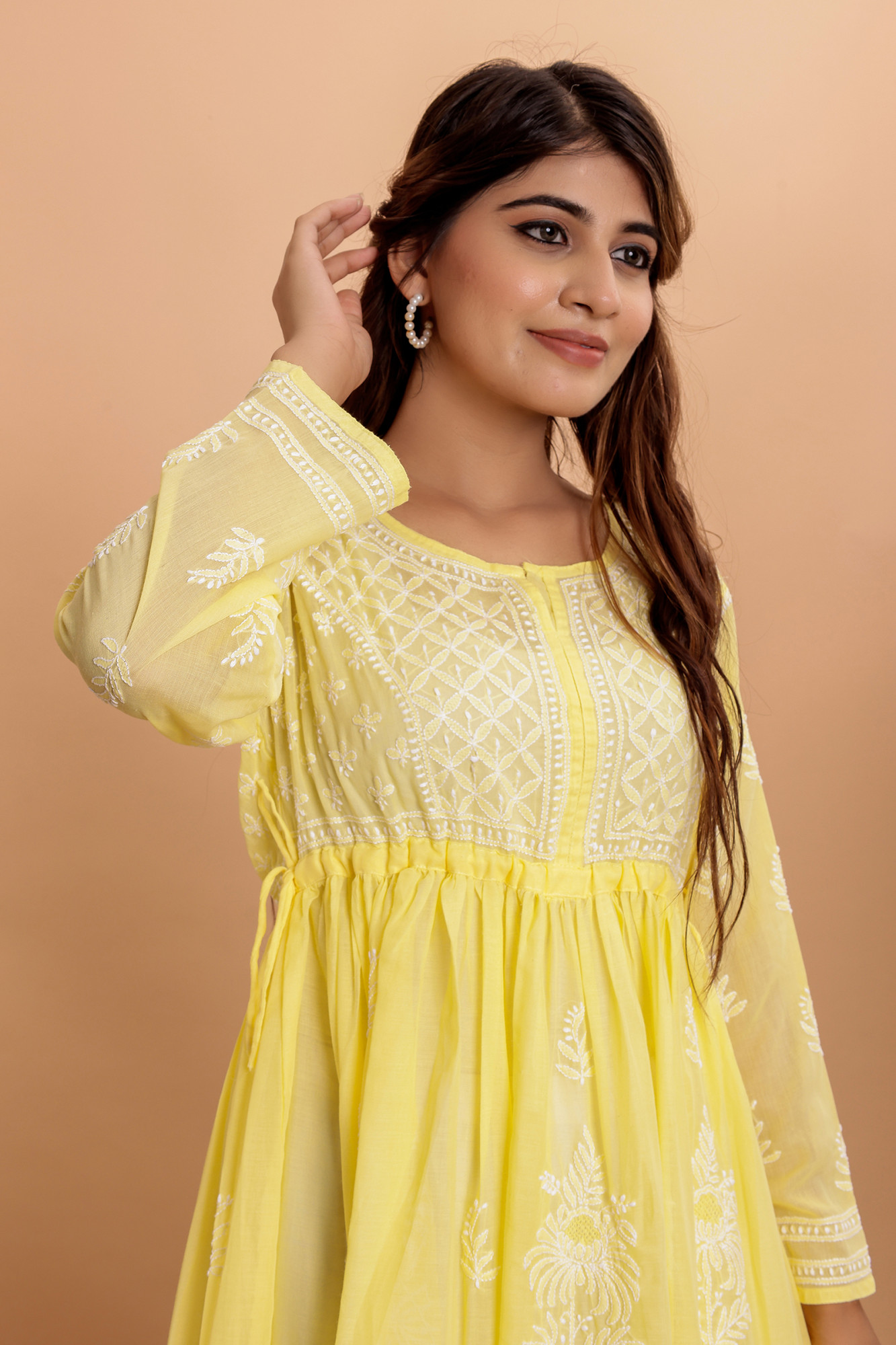 Yellow Cotton A line Full Embroidered KurtaGown