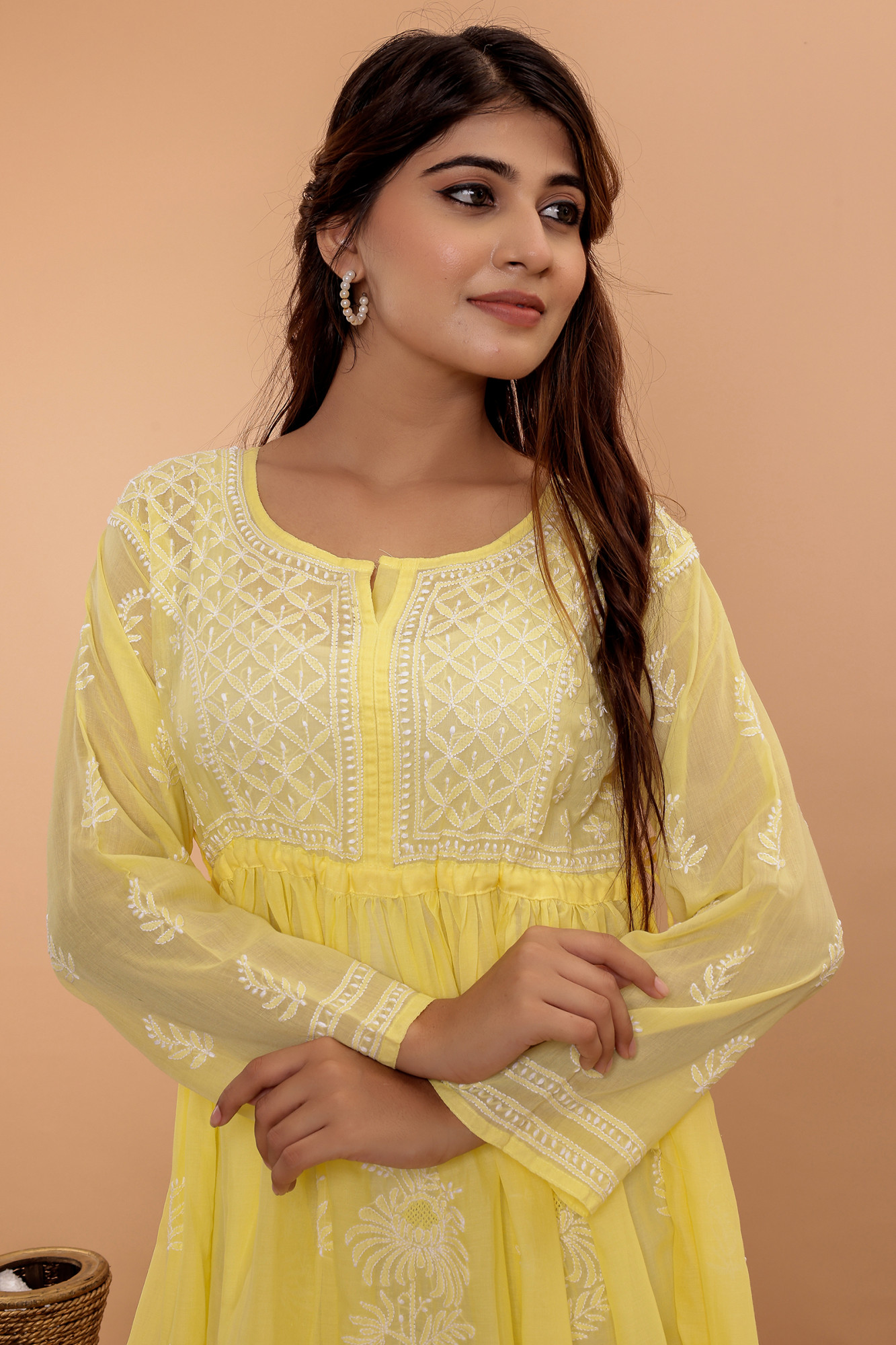 Yellow Cotton A line Full Embroidered KurtaGown