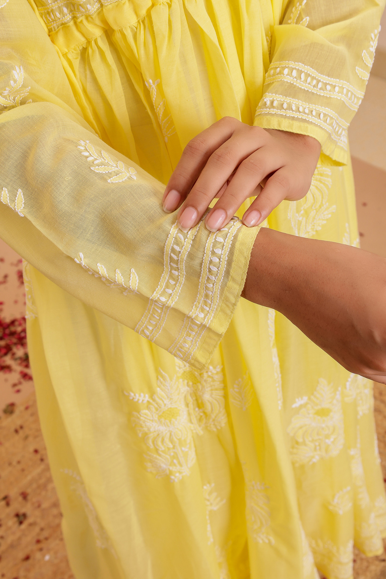 Yellow Cotton A line Full Embroidered KurtaGown