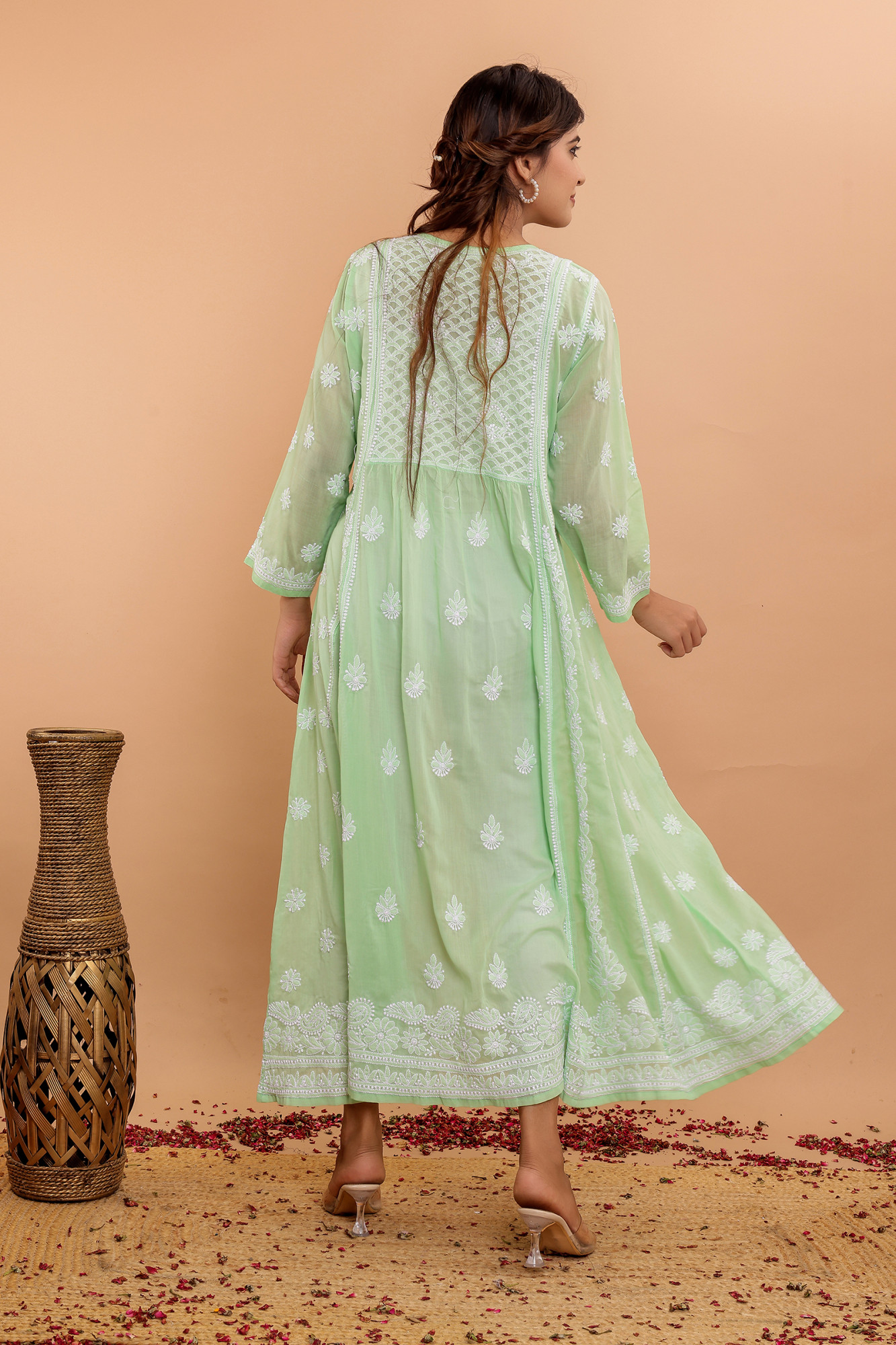 Apple Green A line Cotton Full embroidered KurtaDress