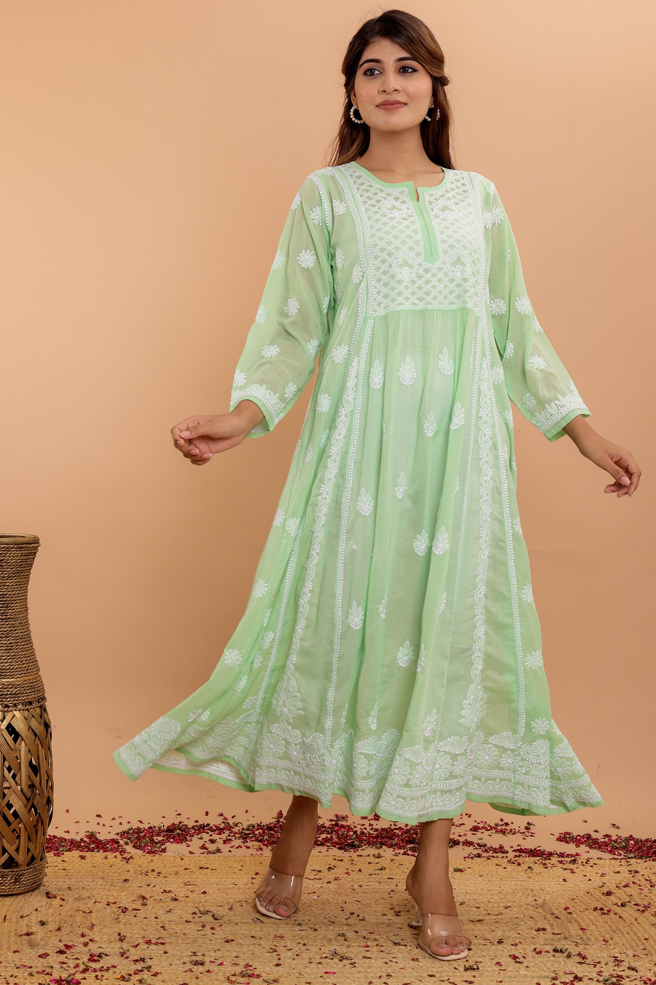 Apple Green A line Cotton Full embroidered KurtaDress