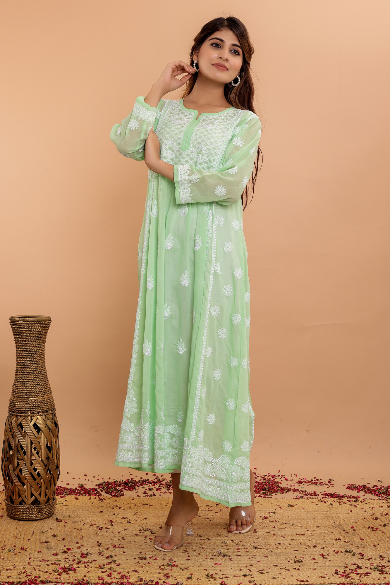 Apple Green A line Cotton Full embroidered KurtaDress