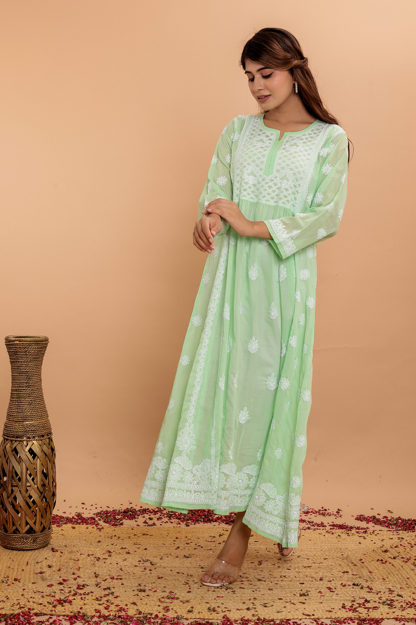 Apple Green A line Cotton Full embroidered KurtaDress