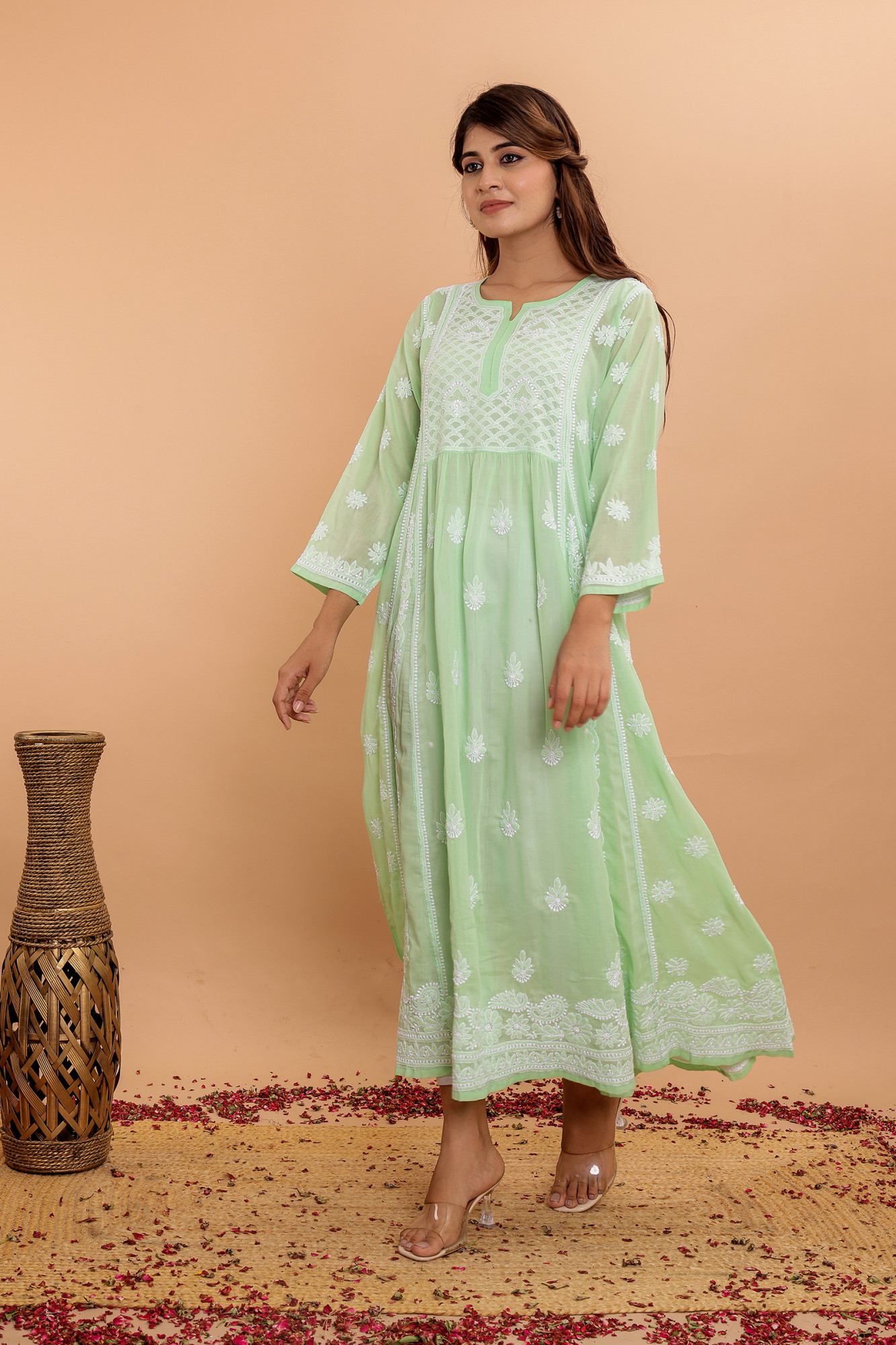 Apple Green A line Cotton Full embroidered KurtaDress