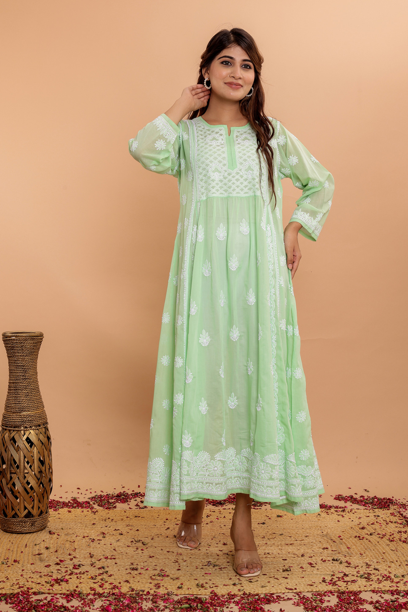 Apple Green A line Cotton Full embroidered KurtaDress