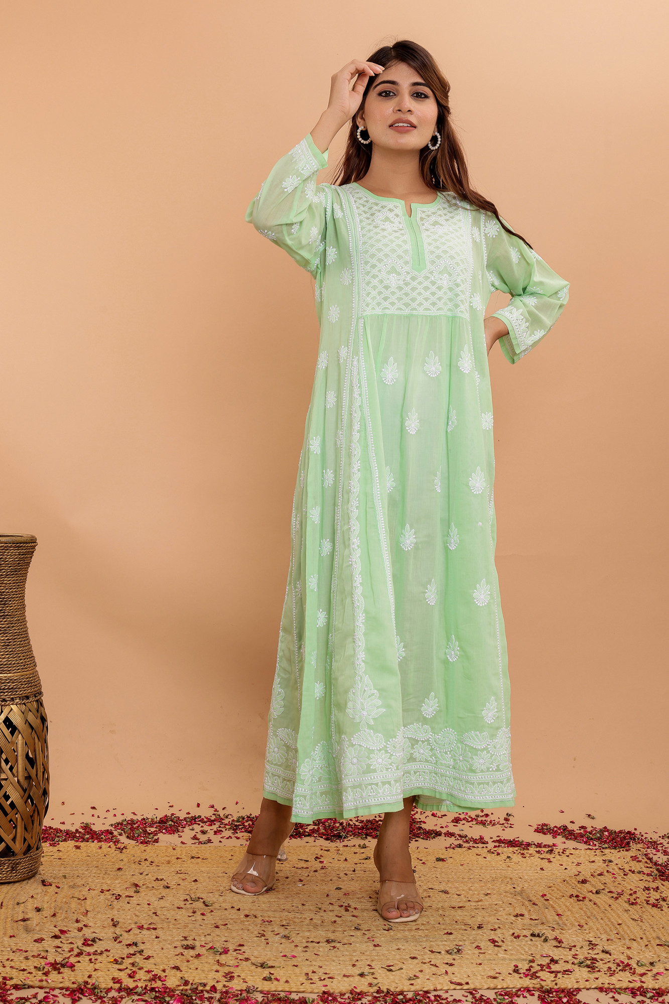 Apple Green A line Cotton Full embroidered KurtaDress