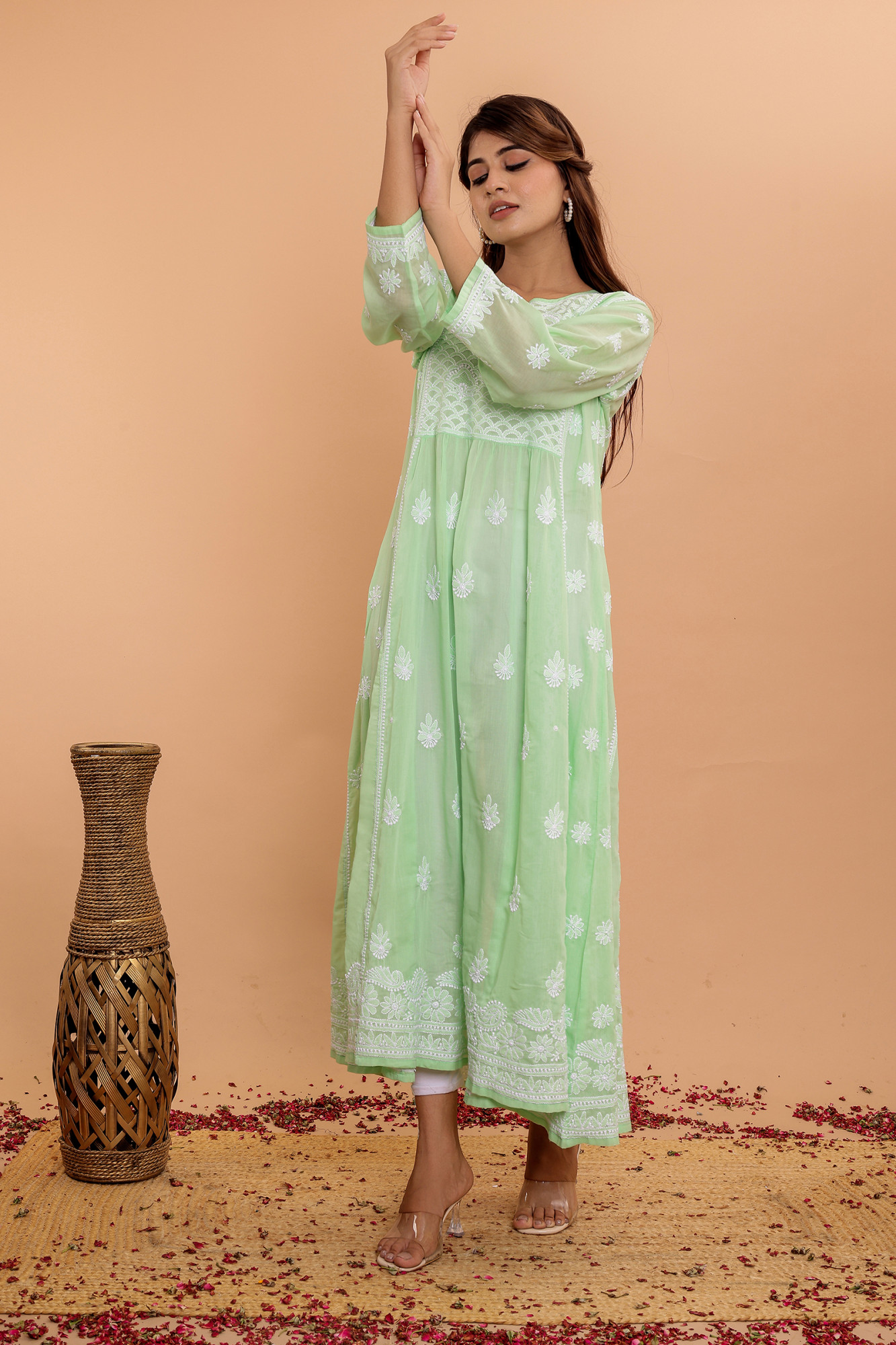 Apple Green A line Cotton Full embroidered KurtaDress