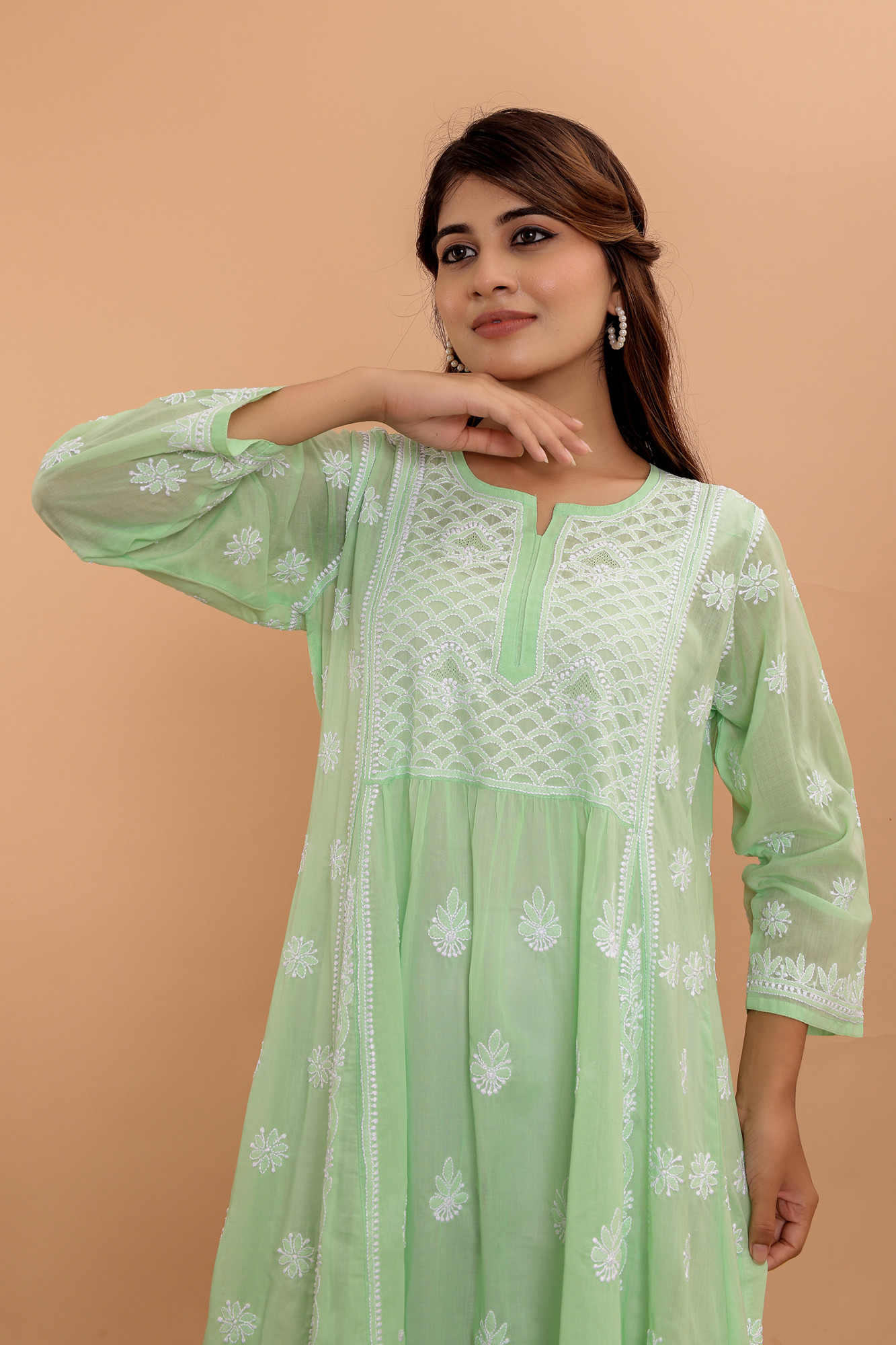 Apple Green A line Cotton Full embroidered KurtaDress