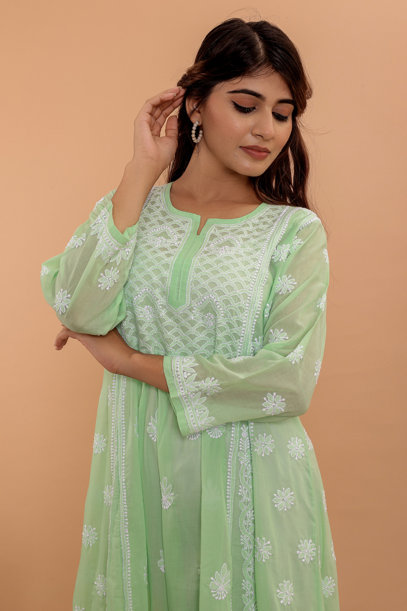 Apple Green A line Cotton Full embroidered KurtaDress