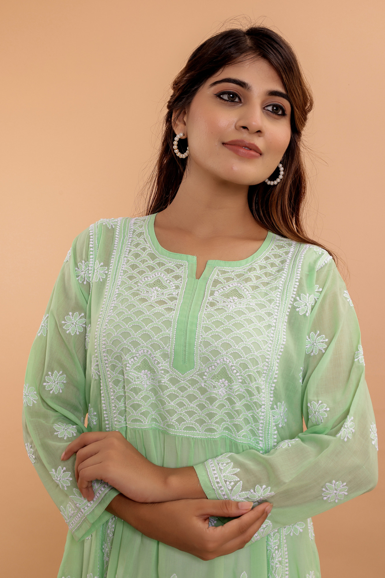 Apple Green A line Cotton Full embroidered KurtaDress