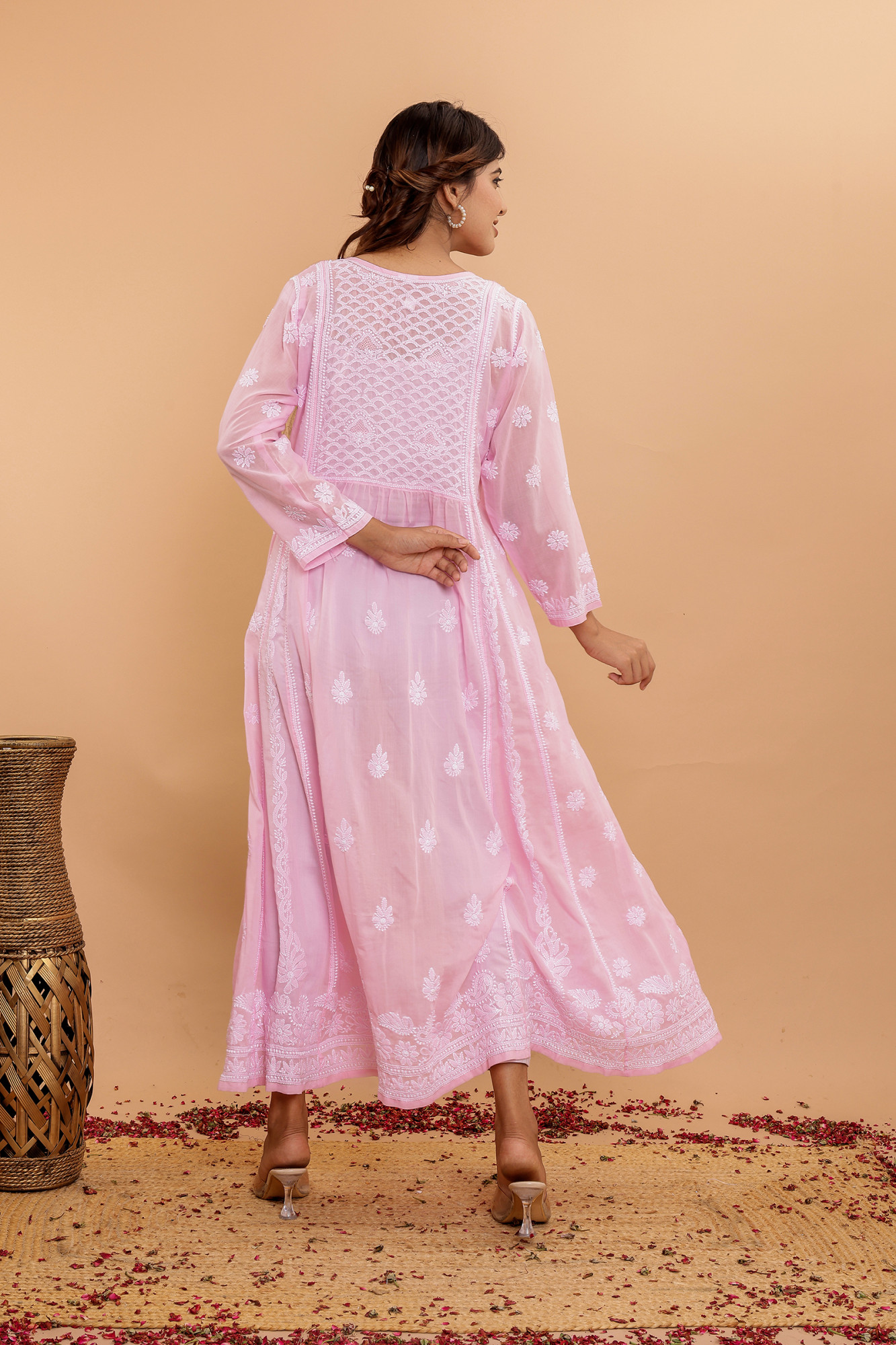 Pink A line Cotton Full Embroidered KurtaDress