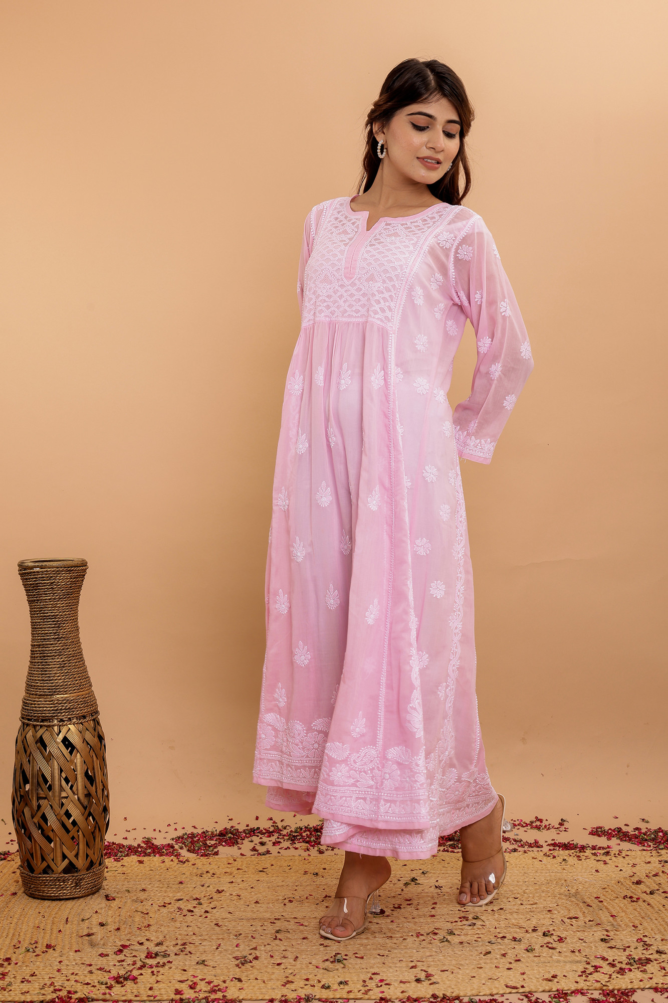 Pink A line Cotton Full Embroidered KurtaDress