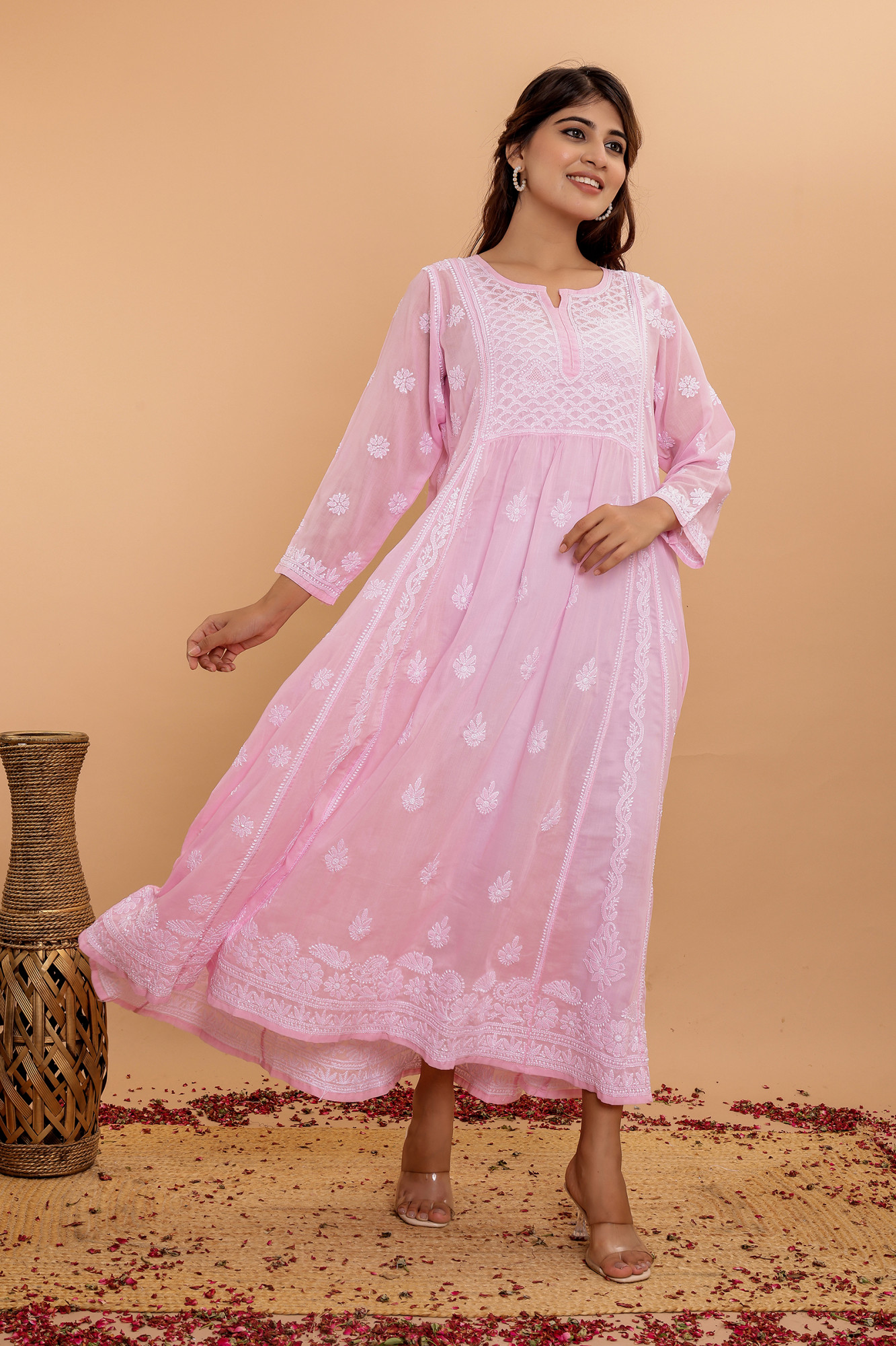 Pink A line Cotton Full Embroidered KurtaDress