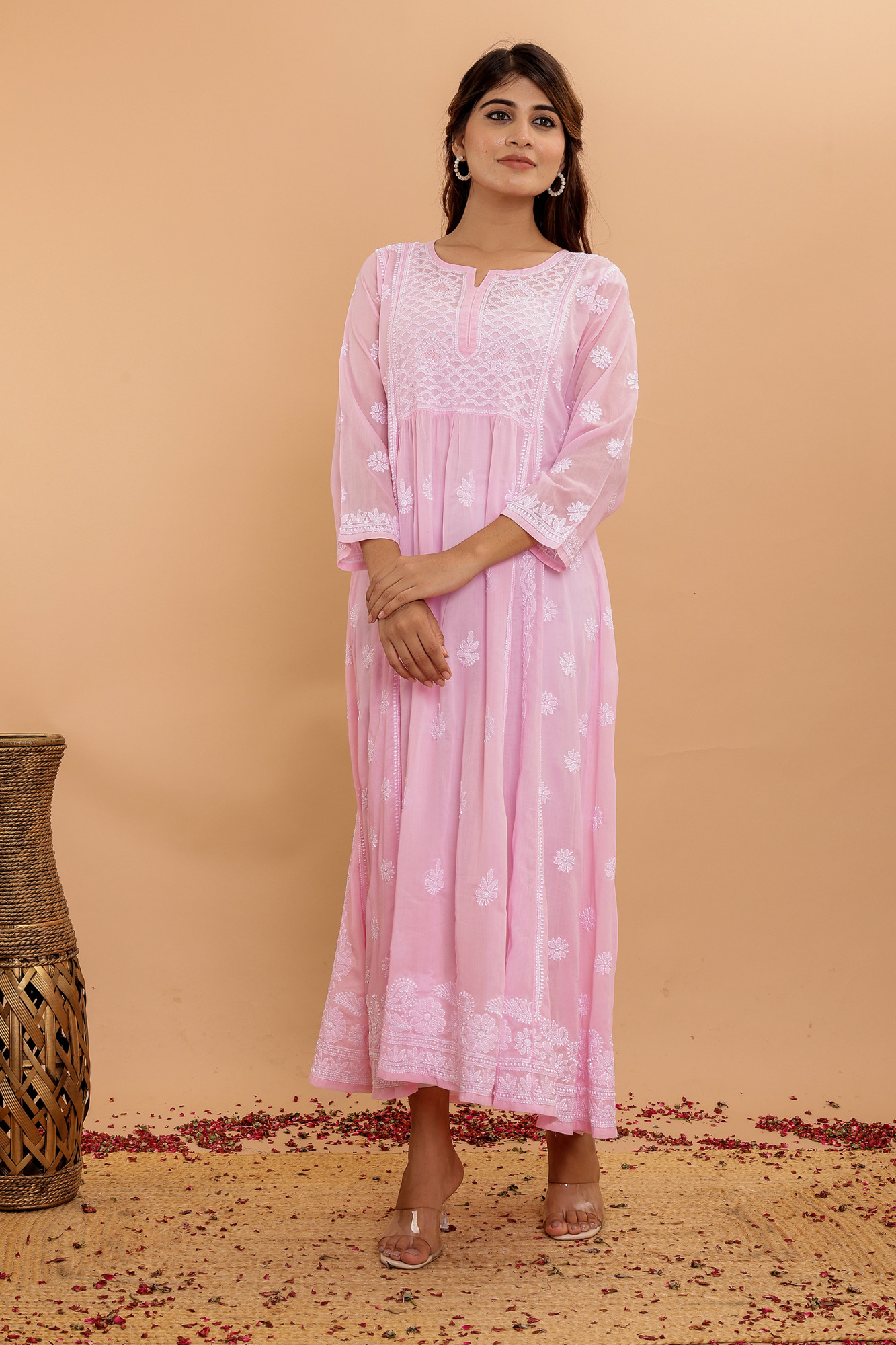 Pink A line Cotton Full Embroidered KurtaDress