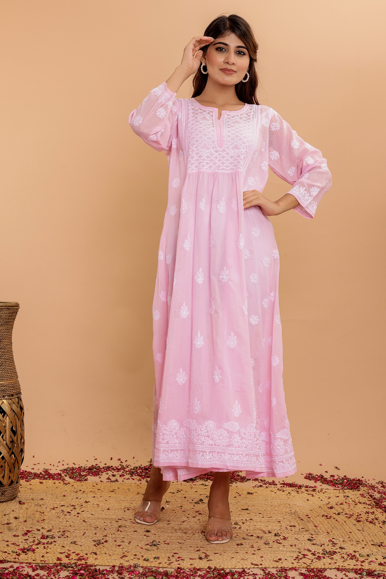 Pink A line Cotton Full Embroidered KurtaDress