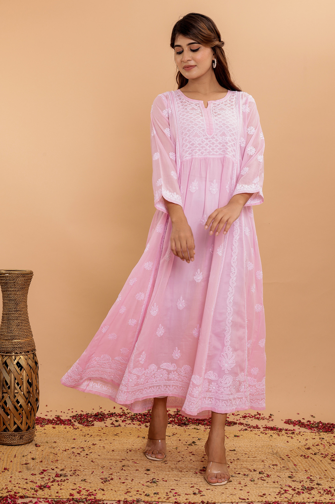 Pink A line Cotton Full Embroidered KurtaDress