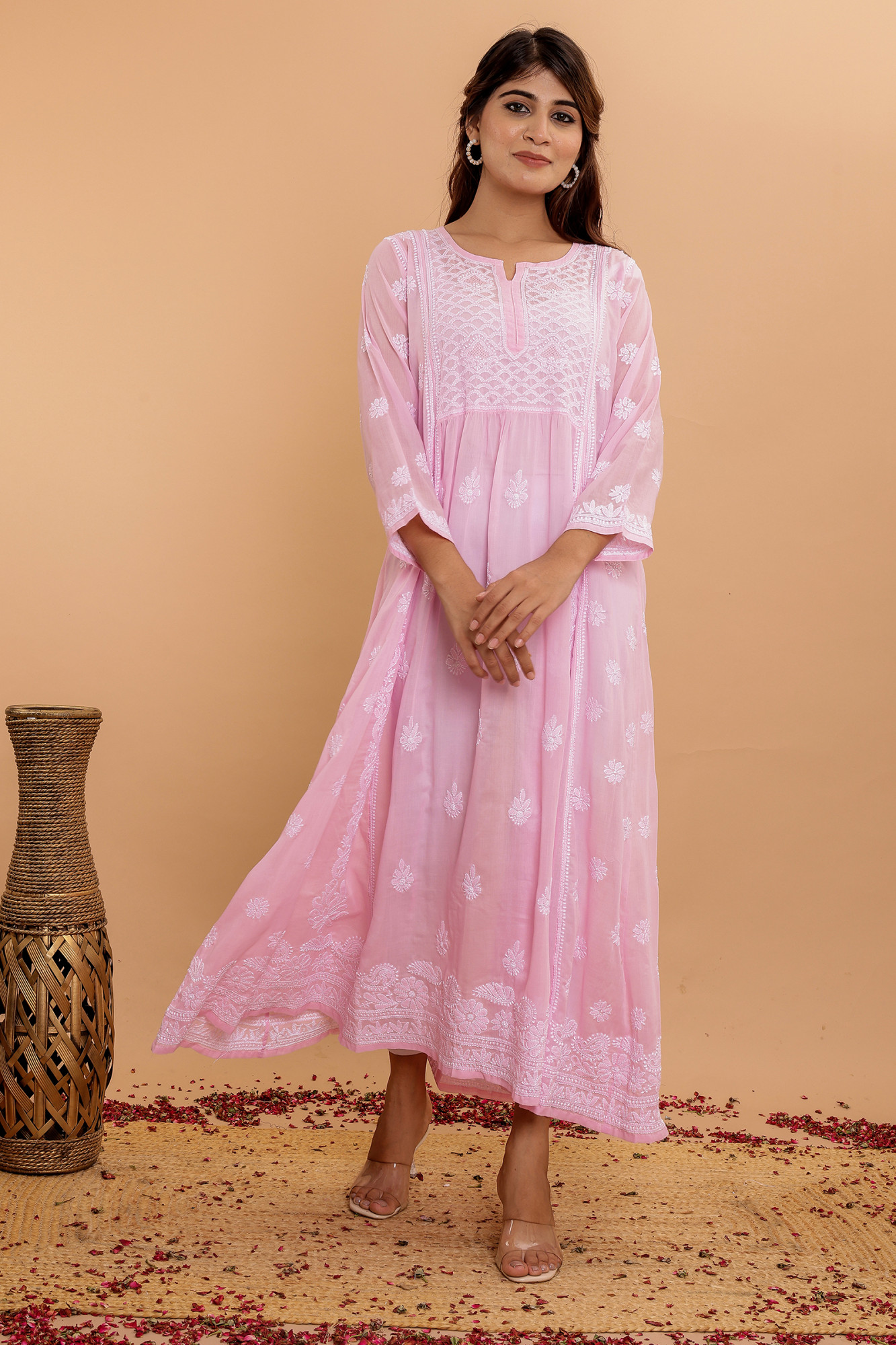 Pink A line Cotton Full Embroidered KurtaDress